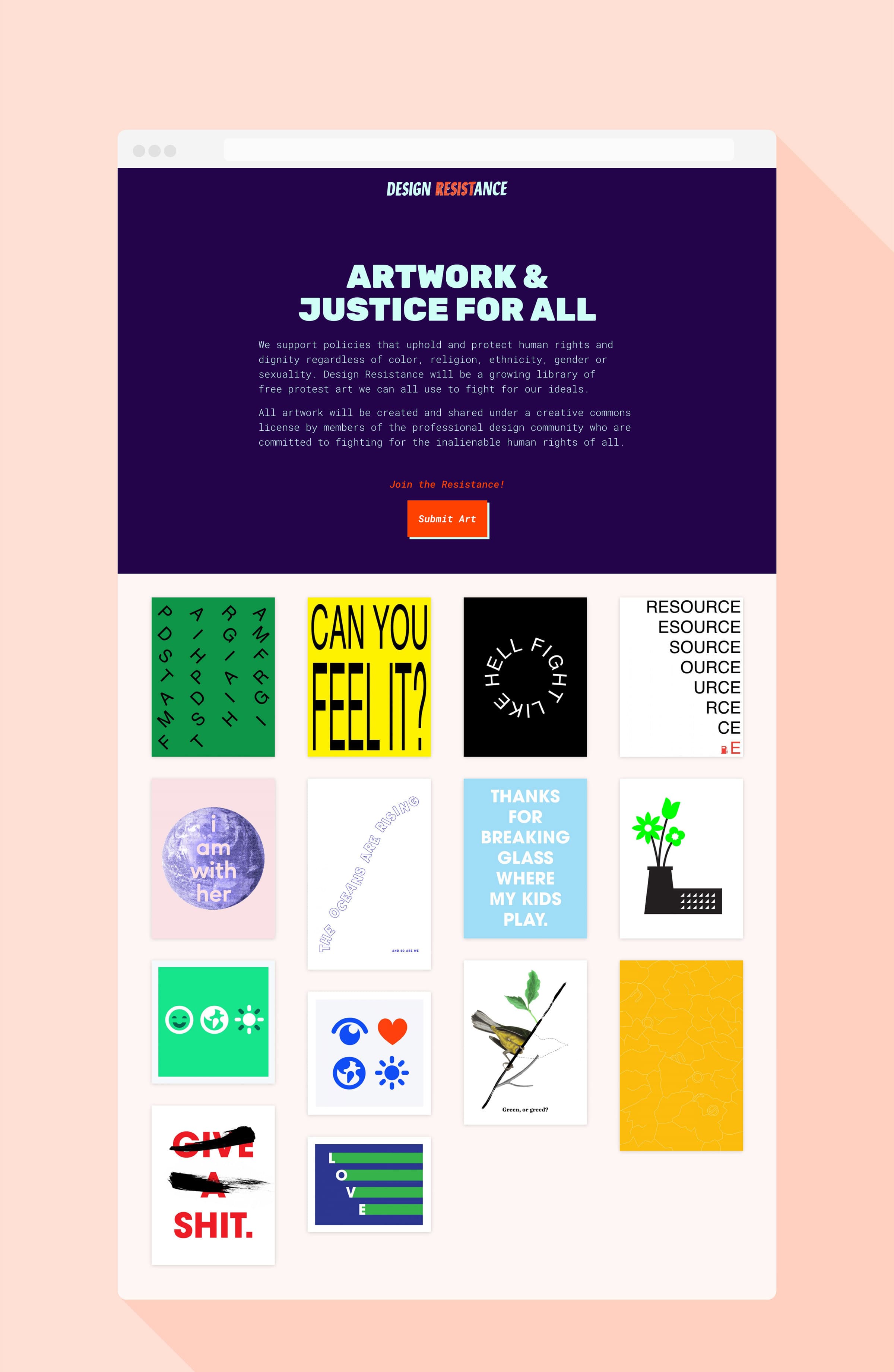 A webpage titled "Design Resistance" promotes "Artwork & Justice for All." It features a call to action to submit art and showcases a grid of colorful artwork pieces with various text and graphic designs. A prominent button says "Join the Resistance.
