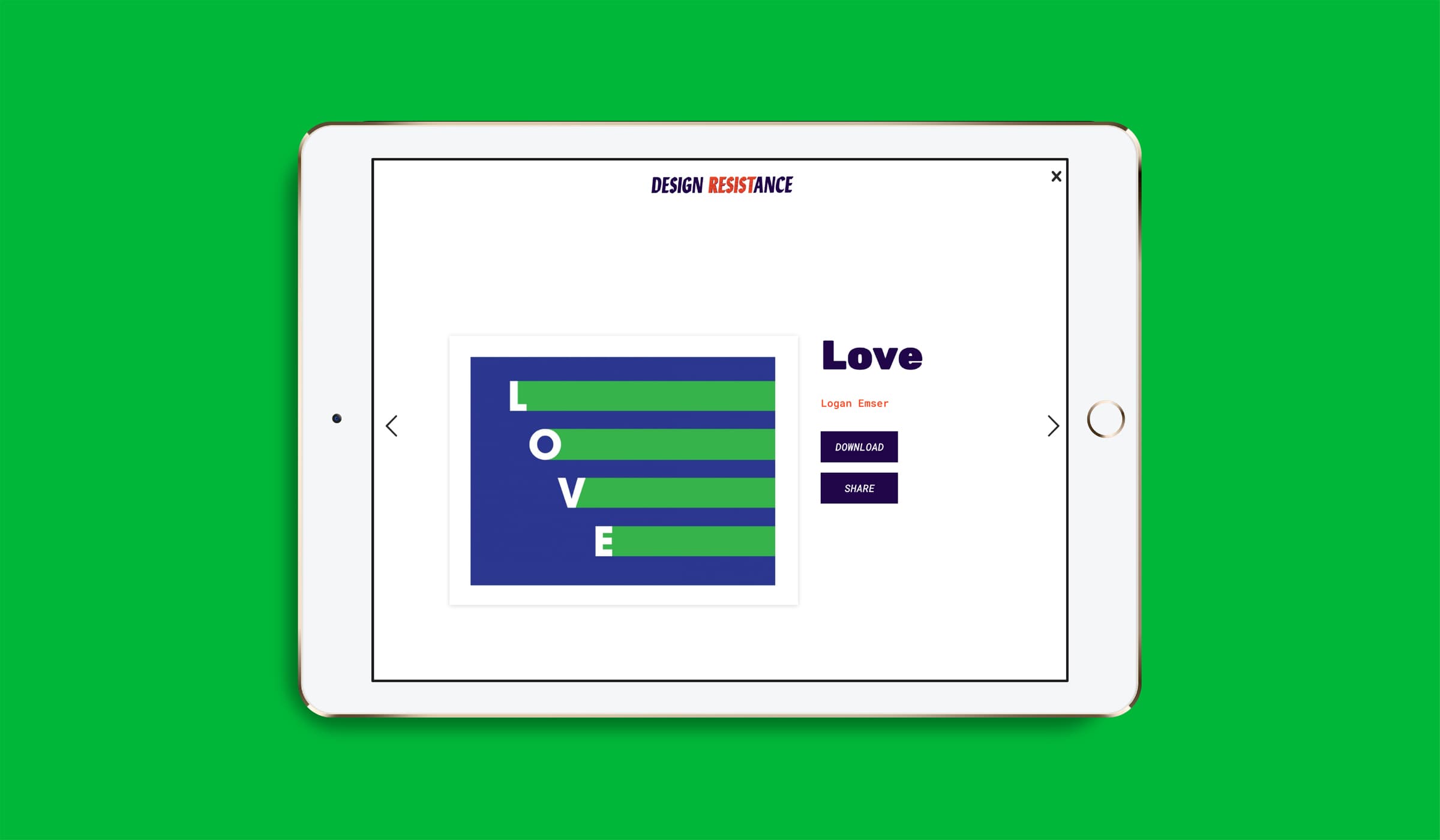 A white tablet displays a digital artwork titled "Love" by Logan Bear. The artwork features the word "LOVE" in white letters against a blue background with green horizontal stripes. The tablet is against a bright green backdrop. Options for download and share are visible.