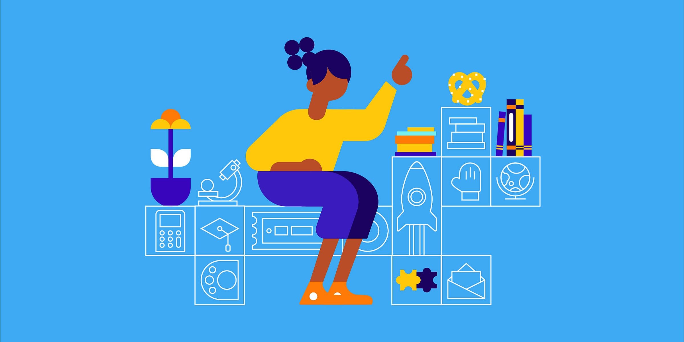 Illustration of a person sitting and pointing upwards, surrounded by various icons representing knowledge and learning, including books, a microscope, a plant, a rocket, a graduation cap, and a computer chip, all set against a blue background.