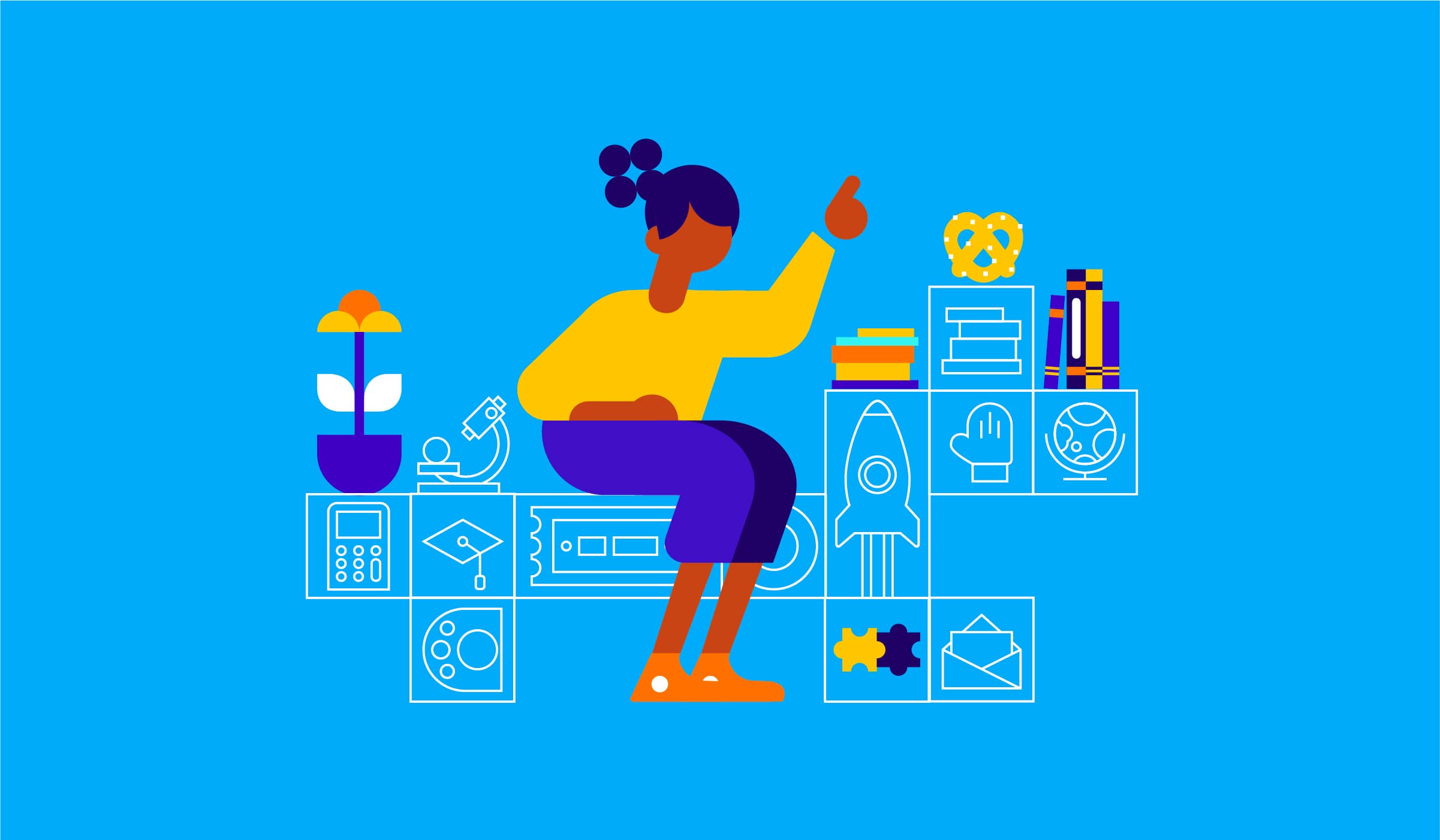 Illustration of a person sitting and pointing upwards, surrounded by various icons representing knowledge and learning, including books, a microscope, a plant, a rocket, a graduation cap, and a computer chip, all set against a blue background.
