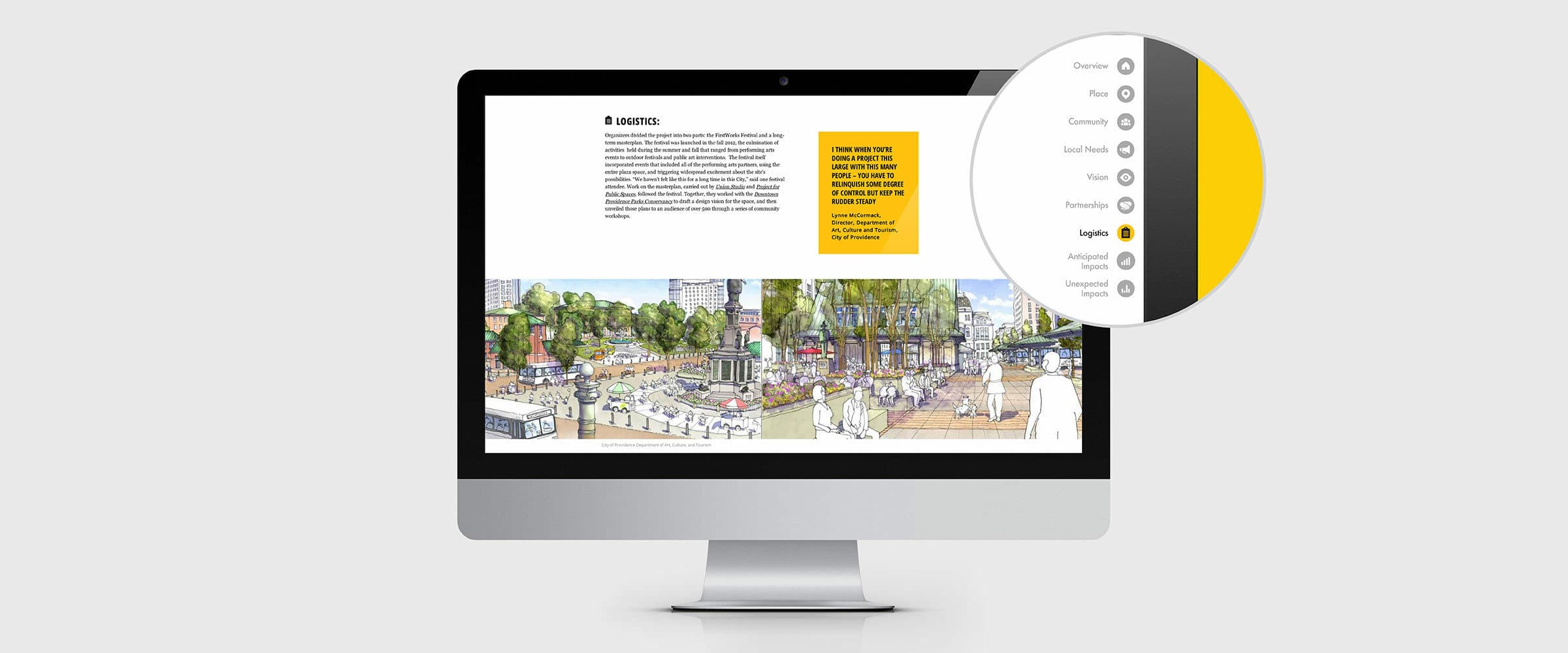A computer monitor displays a city planning document with a detailed illustration of an urban area. The sidebar features navigation options: Overview, Home, Context, Local Place, Town Hall, Partnership, Legible, Adapted, and Interpreted, with "Legible" highlighted in yellow.