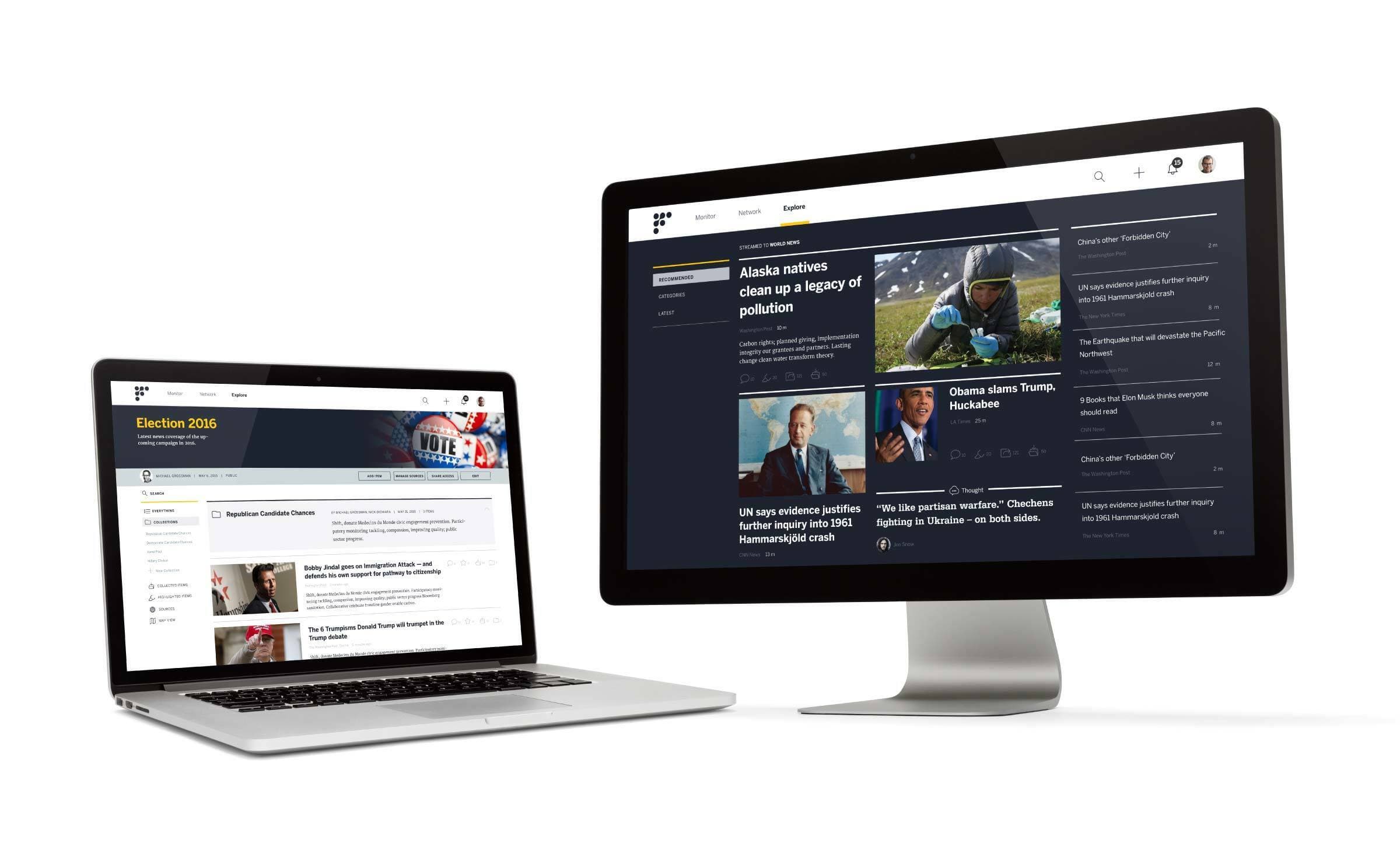 A laptop and a desktop monitor displaying different web pages. The laptop shows a website about an election in 2016, while the desktop monitor shows various news articles on a dark-themed website, including topics like pollution and individual profiles. Both devices have sleek designs.