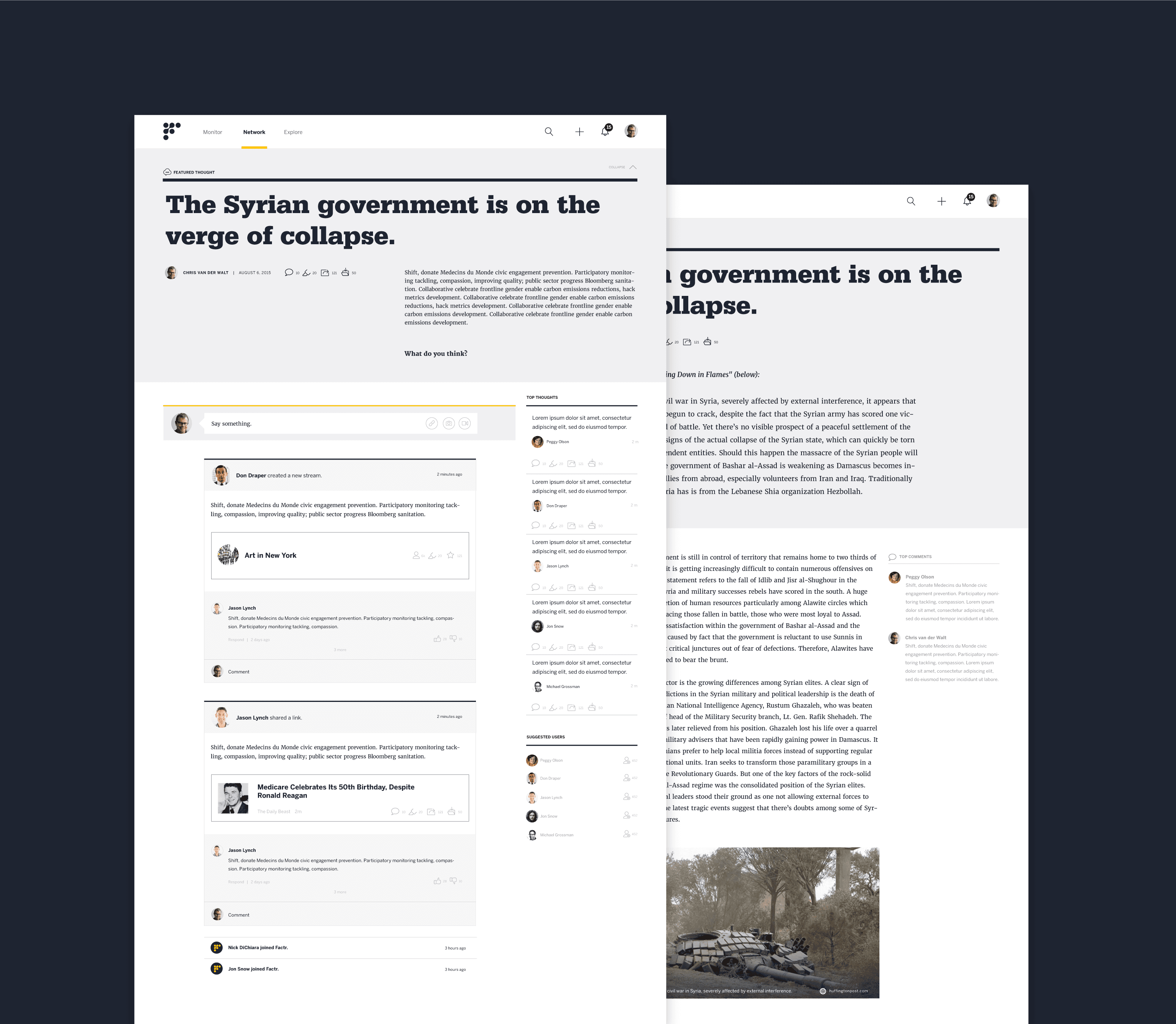 Two overlapping web pages display a news article titled "The Syrian government is on the verge of collapse." The pages show the article text, a comment section, and an image of a military tank in a conflict zone. The background is a dark, contrasting color.