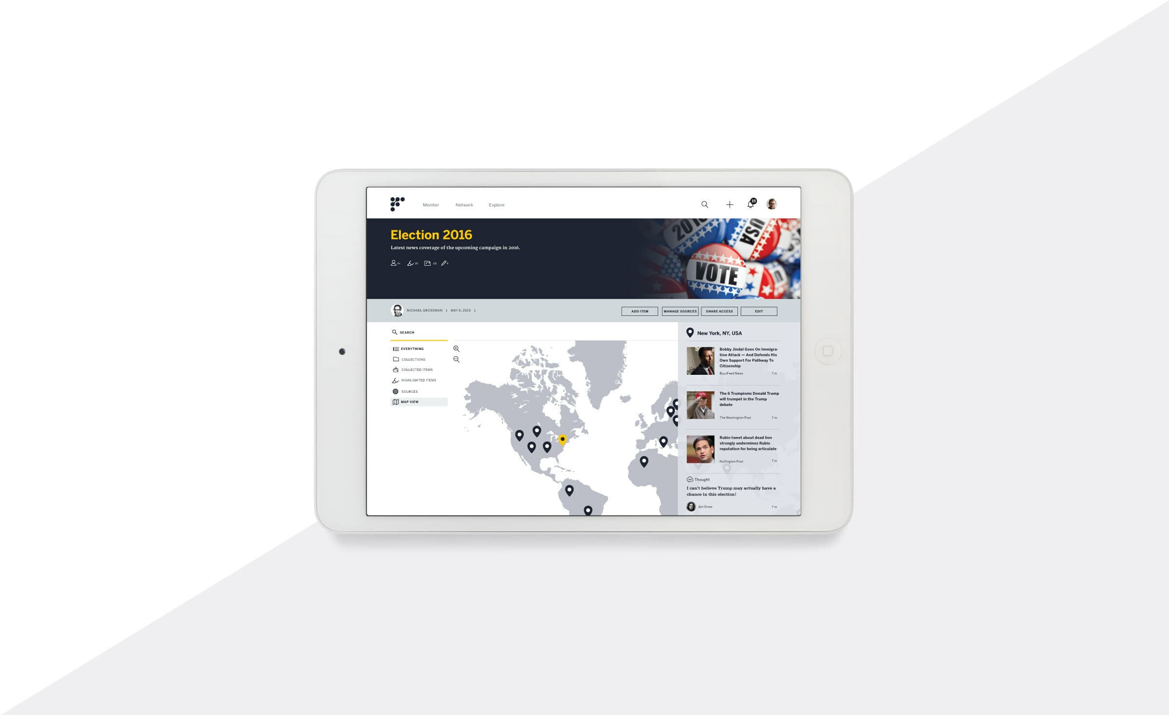 A white tablet displaying a website titled "Election 2016" with a navigation map of the United States and Canada. The interface features menu options on the left and news updates on the right. The top right corner shows a patriotic image with "VOTE" badges.