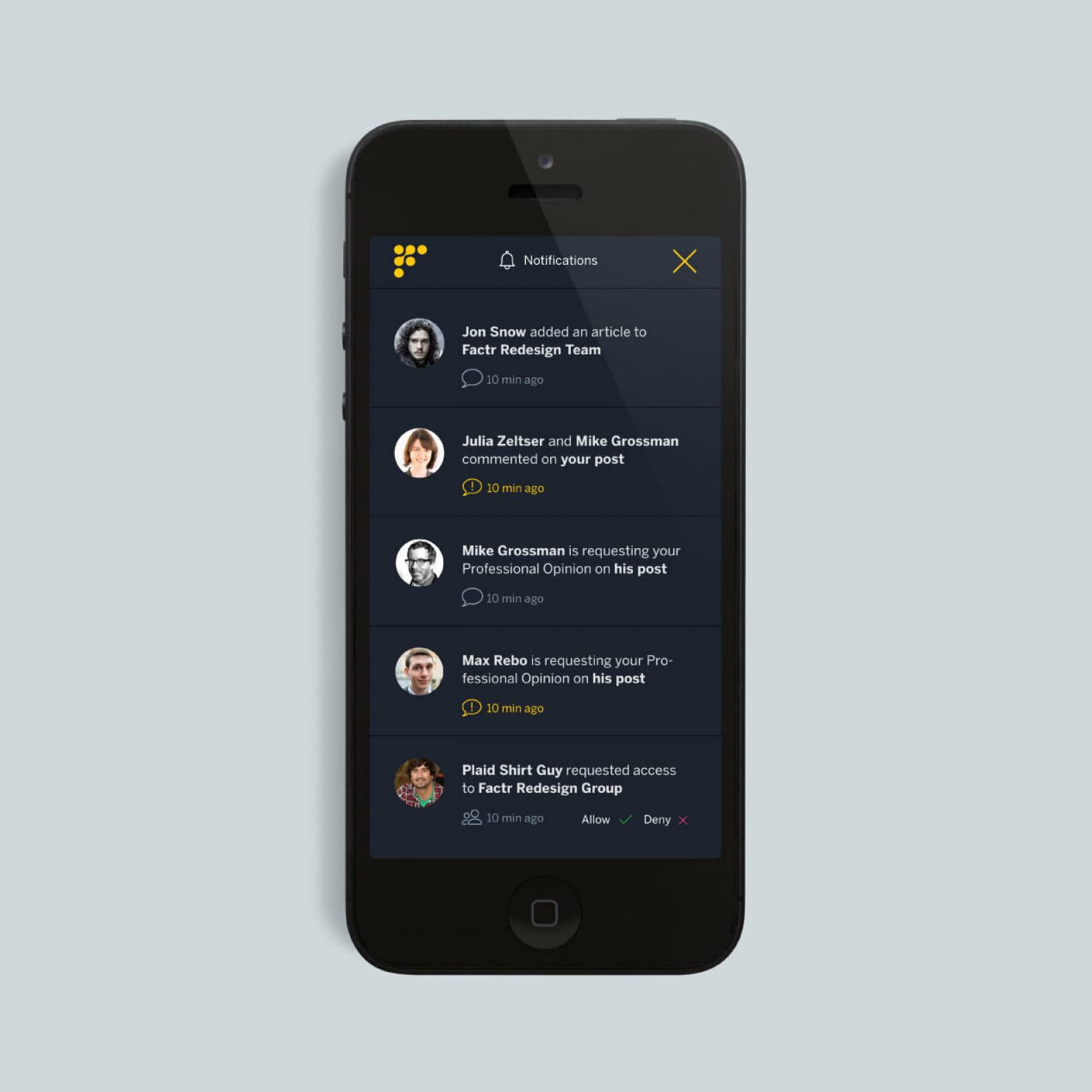 A smartphone displaying a notification screen. Notifications include added articles, comments, and requests for professional opinions or access. The screen background is dark, with profile pictures and names of users alongside their respective messages and time stamps.