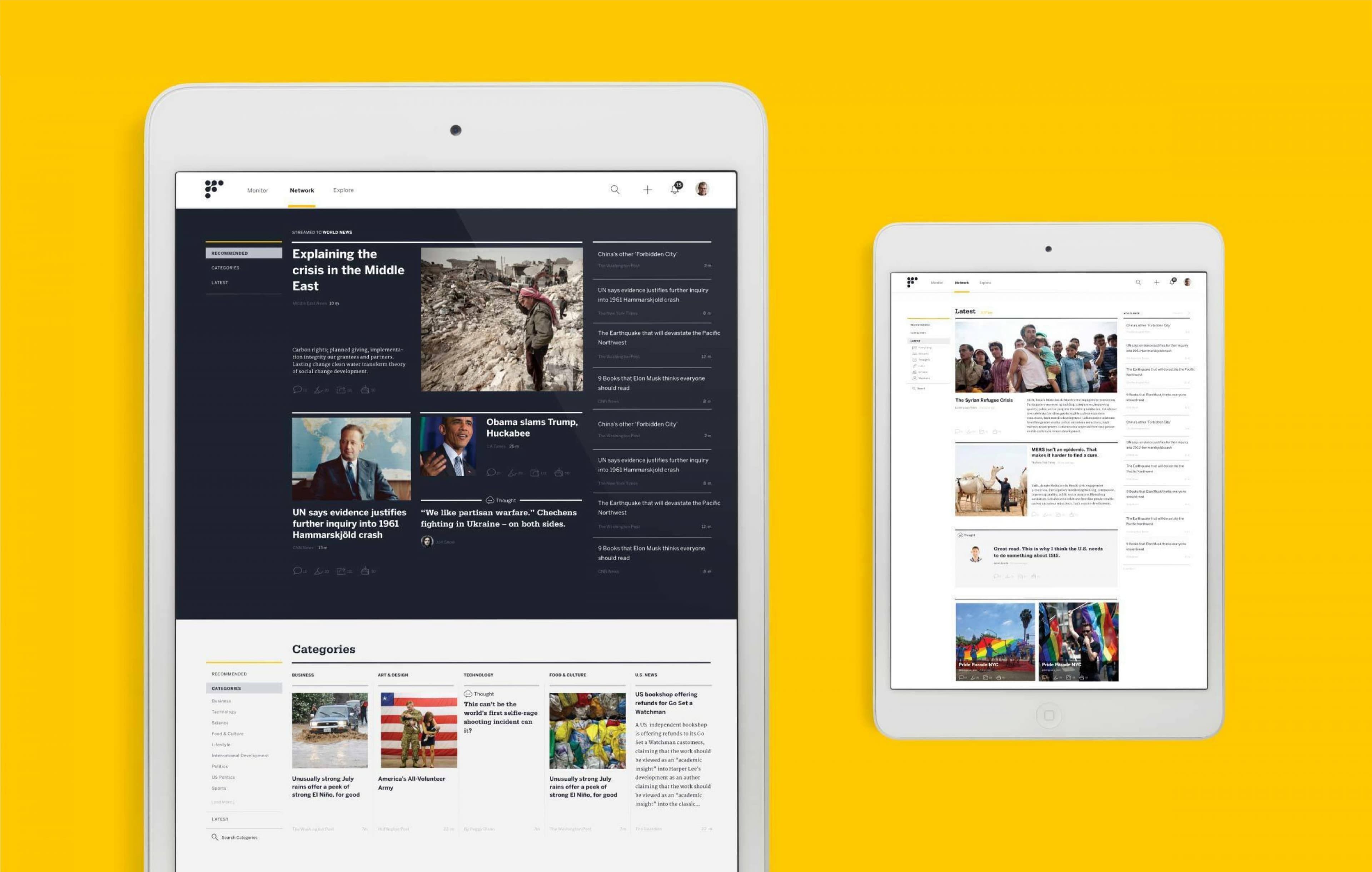 Two tablet screens display news websites against a yellow background. The larger tablet shows a dark-themed news site with various headlines and images. The smaller tablet displays a lighter-themed news site with articles and images arranged differently.