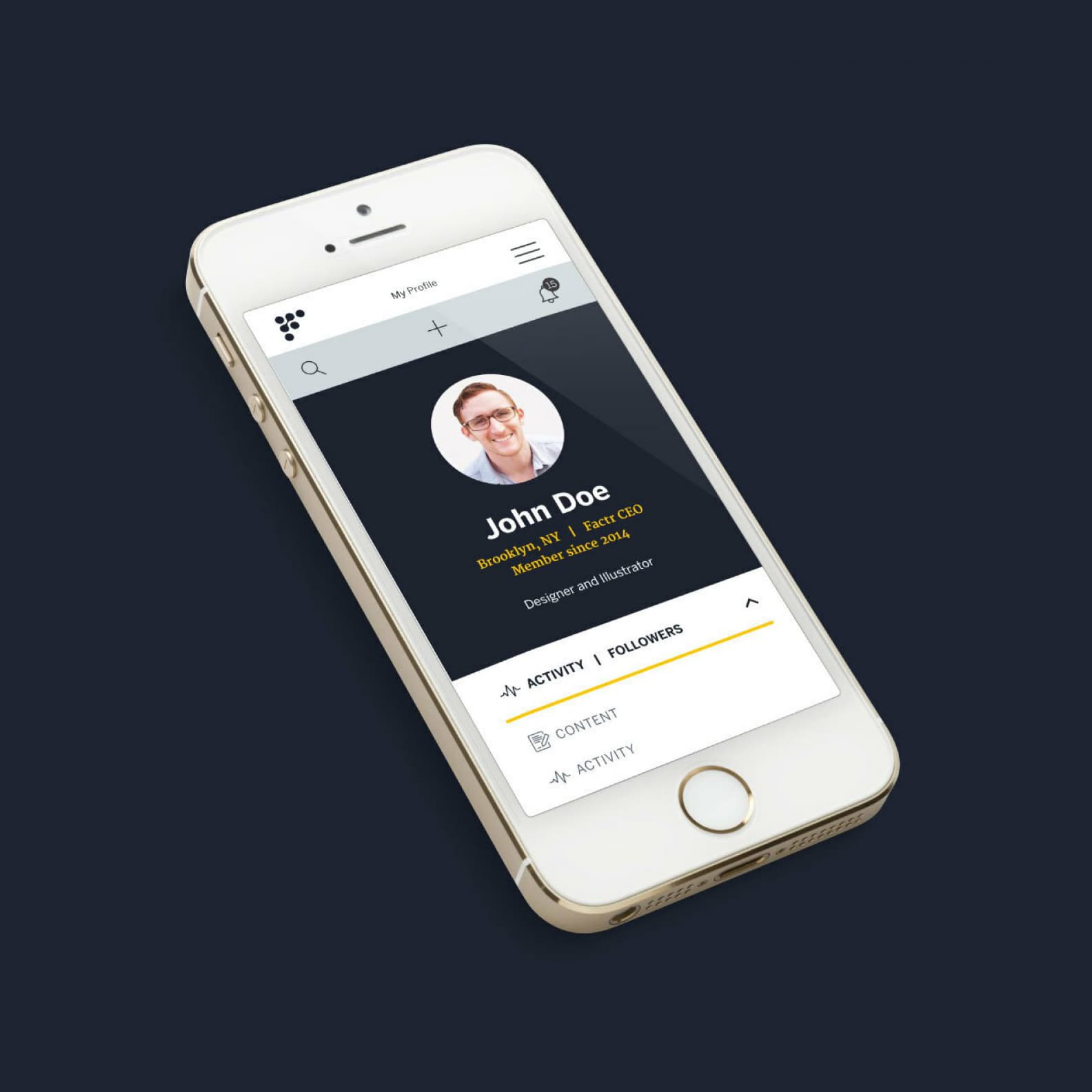 A smartphone displays a user profile interface on the screen. The profile shows a photo of a person labeled "John Doe," with titles "Designer and Illustrator" and "Recruiter/VP, Talent CEO" beneath it. Tabs labeled "CONTENT" and "ACTIVITY" are also visible.
