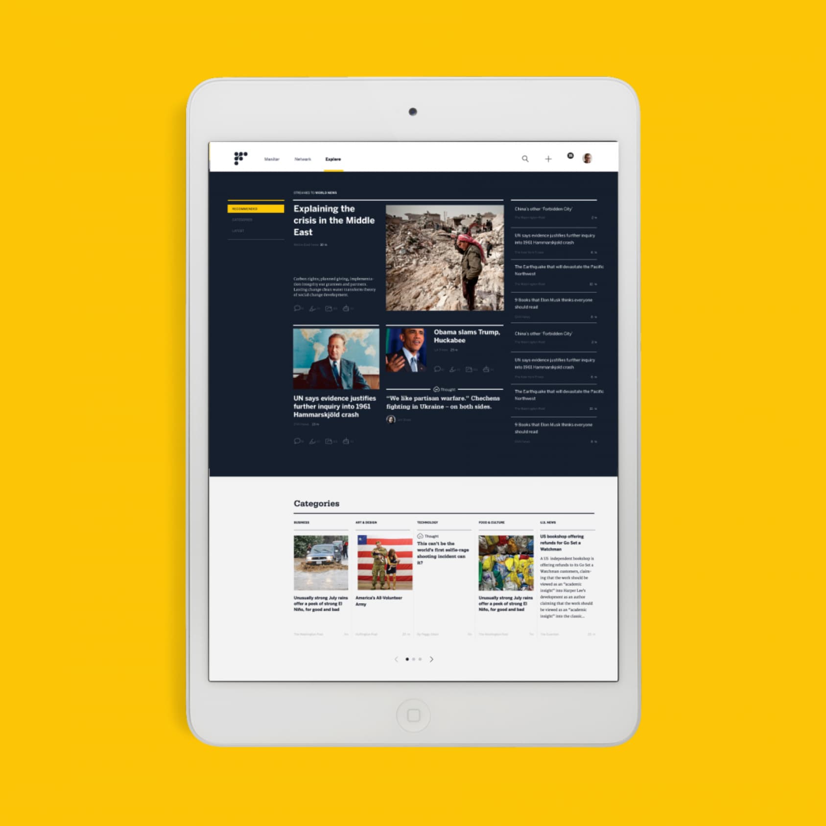 A white tablet displaying a news website against a bright yellow background. The website features articles on various topics such as the Middle East crisis, political news, and more. The layout includes images, article titles, and previews arranged in a clean and organized format.
