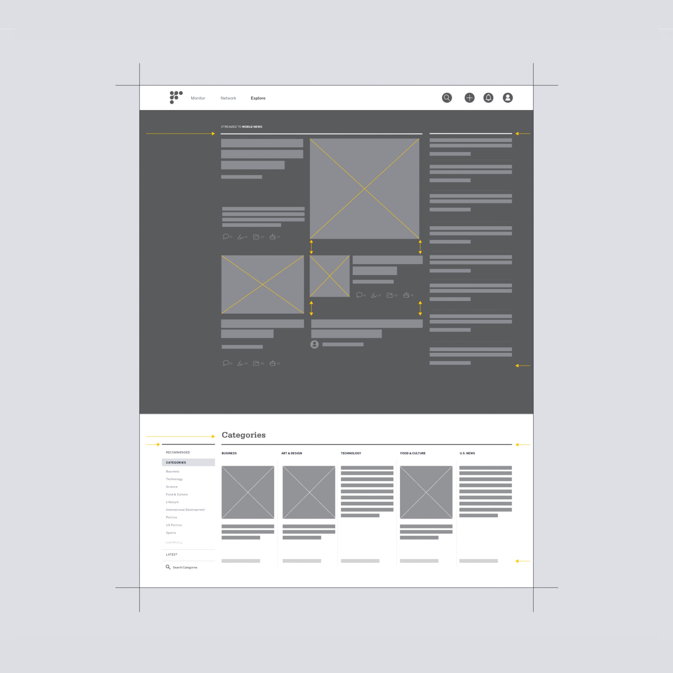 Wireframe of a website layout with a header containing navigation buttons. Below, the main section features multiple content blocks with placeholder text and image areas. At the bottom, there's a section titled "Categories" displaying several boxes for category items.