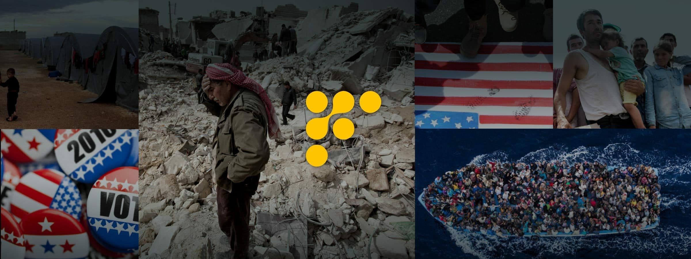 A collage of images: a refugee camp with tents, a person standing in rubble after a disaster, a close-up of election buttons, people carrying a child, and an overcrowded boat at sea. In the center, there is a logo with yellow dots forming a stylized "F" shape.