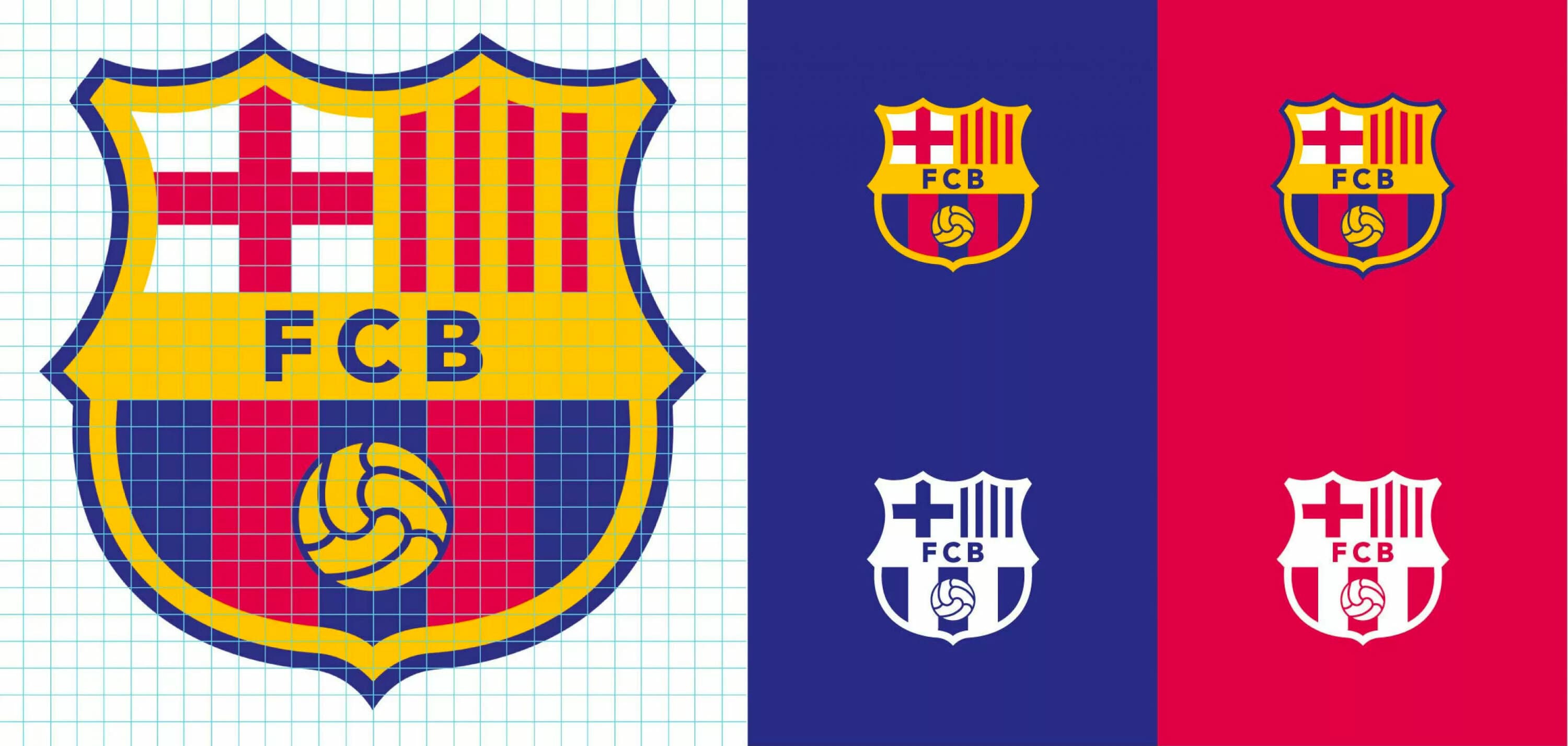 Image showing the FC Barcelona emblem on a grid background on the left. To the right, there are three alternate versions of the emblem. From top to bottom: full color on blue, white with blue on blue, and full color on red. The emblems display a shield with red stripes, a cross, and a football.