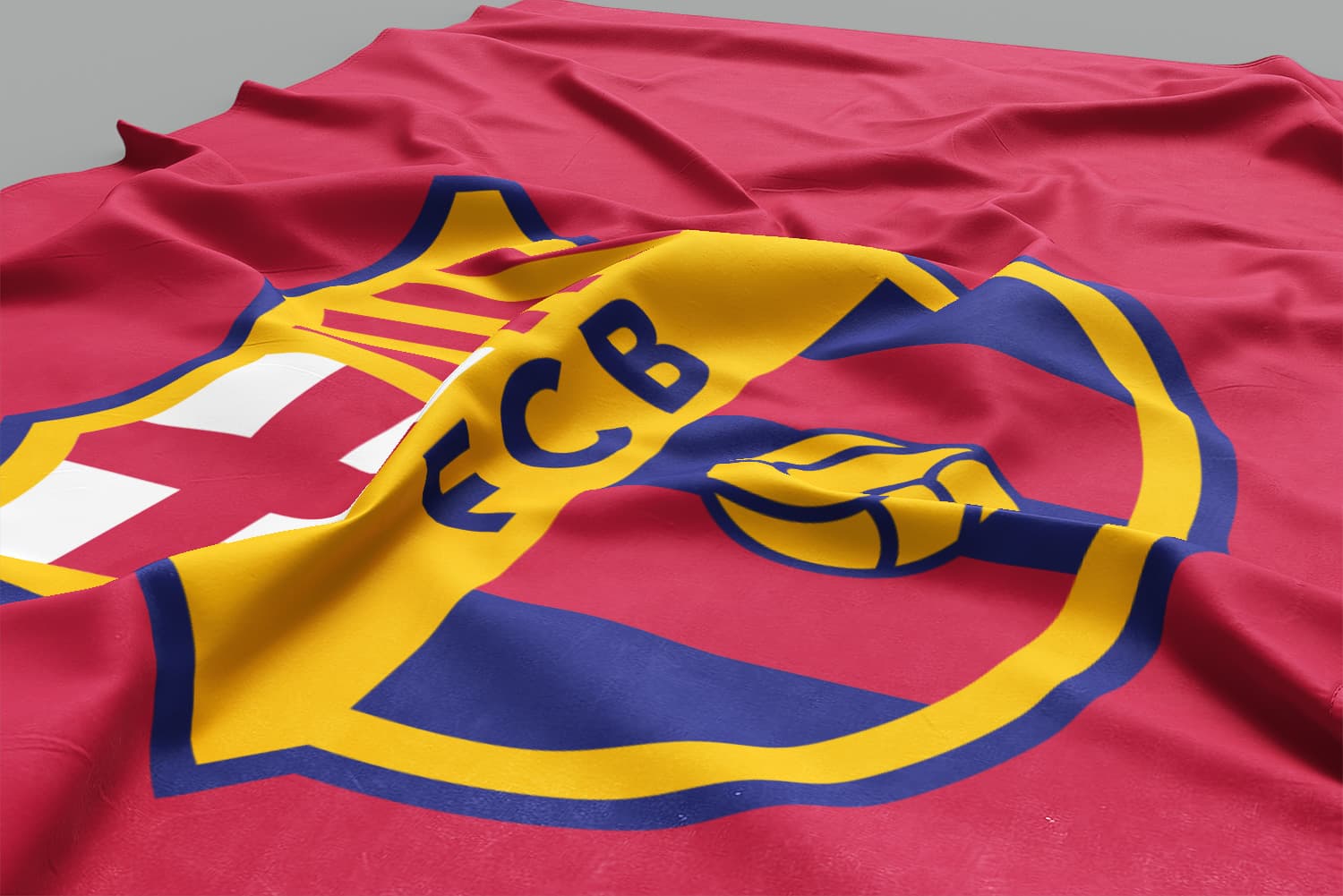 The image shows a close-up of a crumpled flag with the FC Barcelona (FCB) crest. The crest features blue and red stripes, a yellow circle with the letters "FCB," a red cross on a white background, and a yellow and red striped section.
