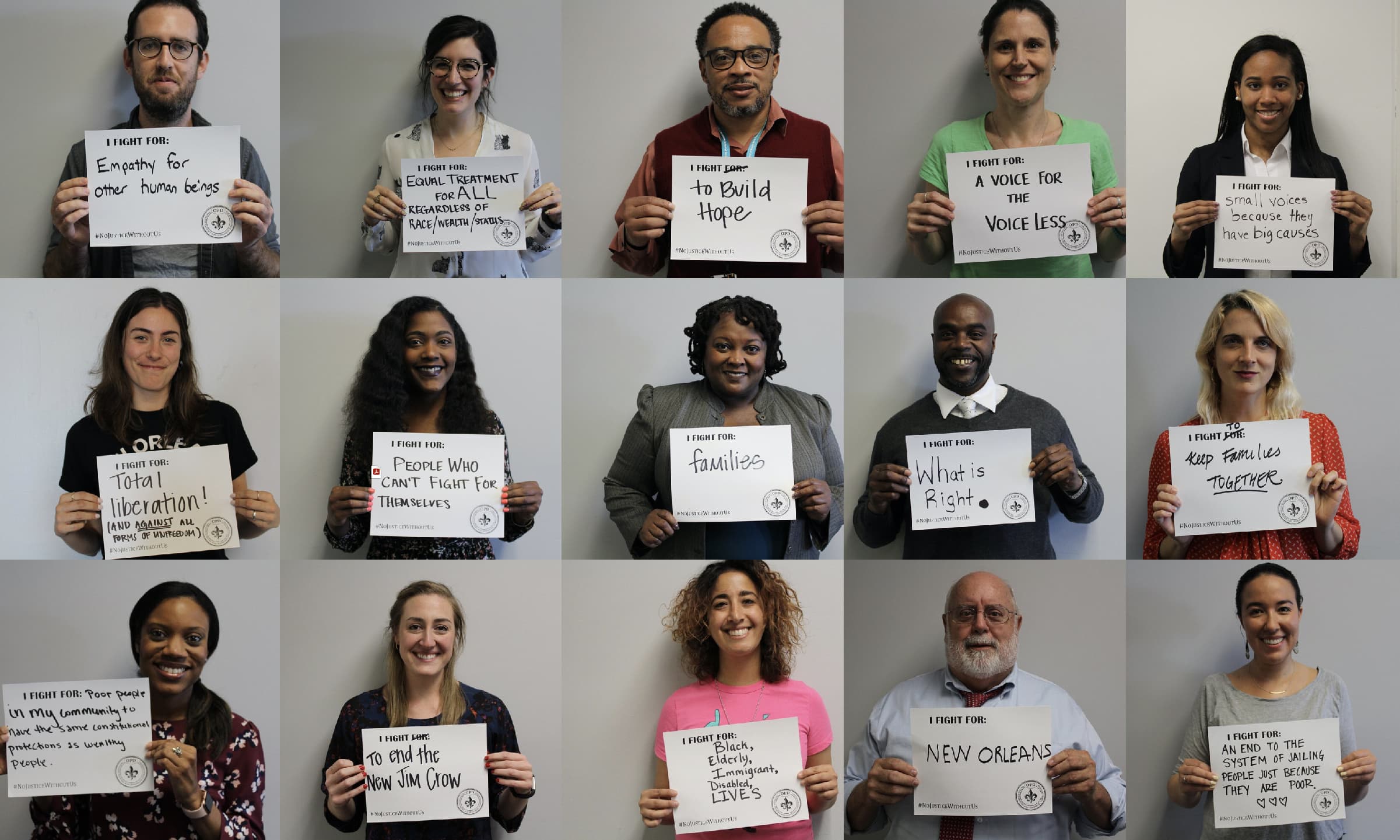 A collage of 15 diverse individuals holding signs with handwritten messages starting with "I stand for" followed by various statements supporting causes like empathy, equal treatment, understanding, and justice. They are all smiling and standing against a plain wall.
