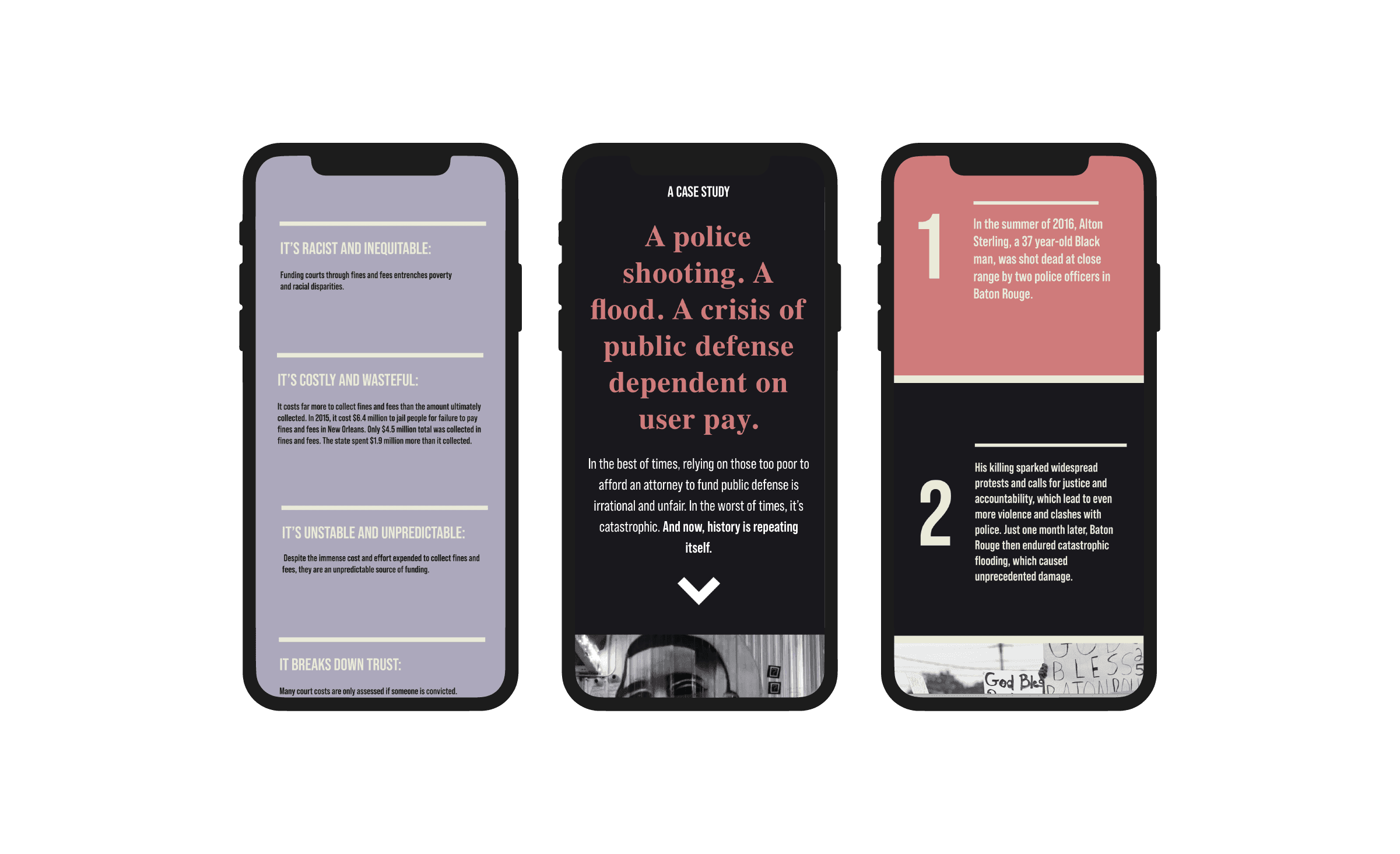 Three smartphones displaying a case study on user pay and public defense. The screens show text about crises such as a police shooting and a flood. The emphasis is on trust issues and public perception during justice system failures.