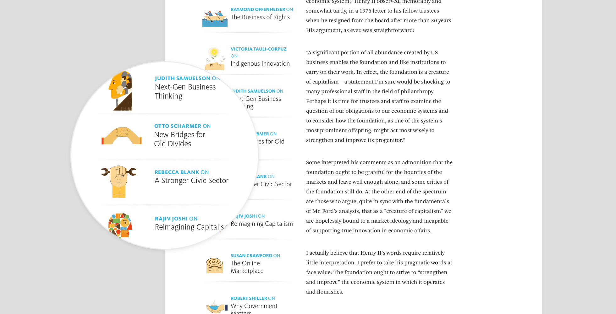 A webpage is displayed with a list of articles. A magnifying glass highlights three article titles and authors: "Next-Gen Business Thinking" by Judith Samuelson, "New Bridges for Old Divides" by Otto Scharmer, and "A Stronger Civic Sector" by Rebecca Blank.
