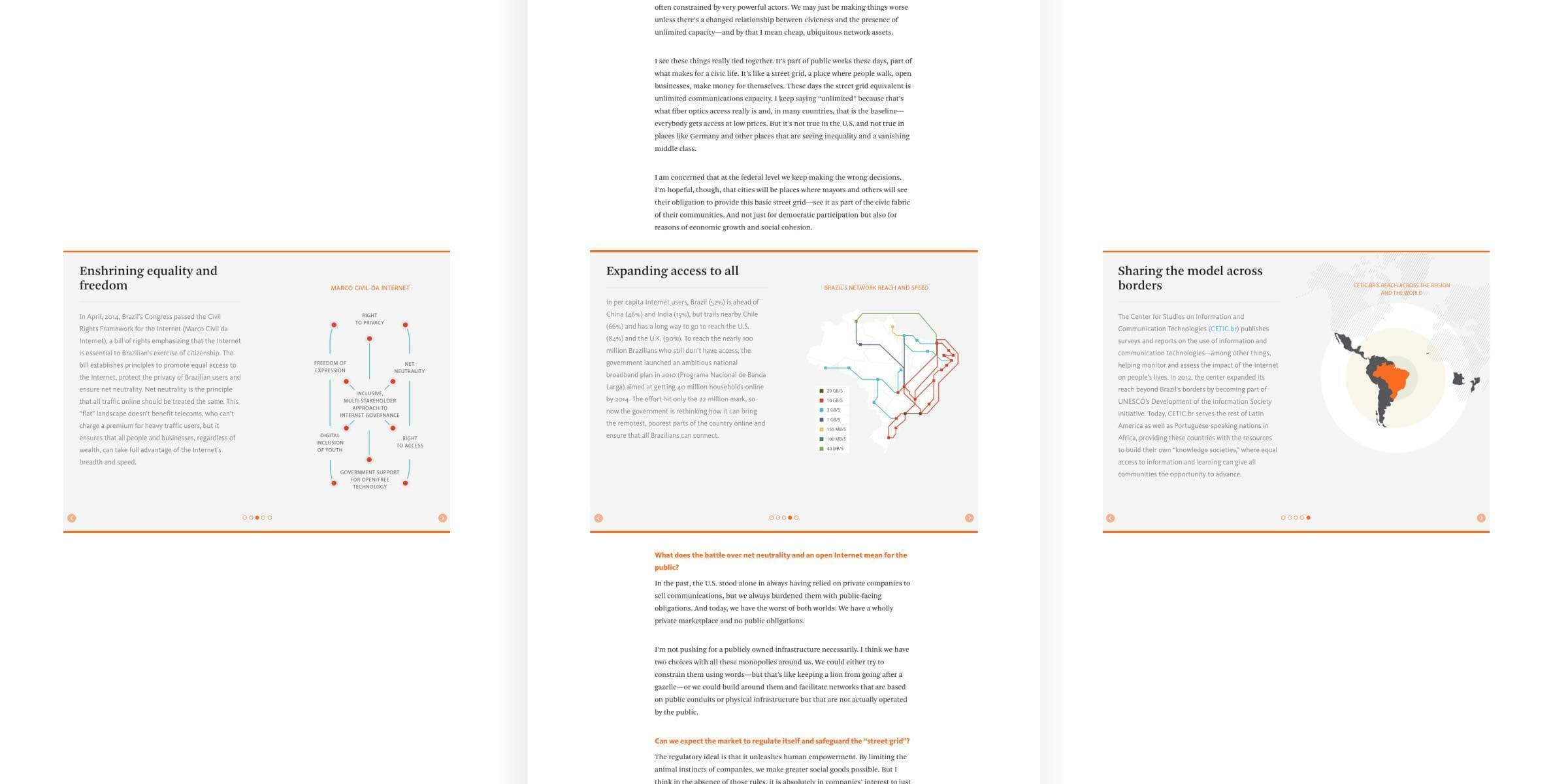 Three interconnected pages from a document. The left page includes a chart and text about "Enabling equality and freedom." The middle page shows a map titled "Expanding access to all." The right page has a map of South America marked "Sharing the model across borders.