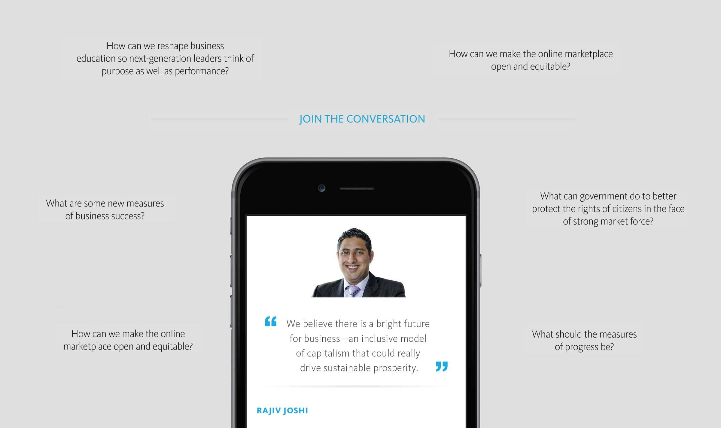 Image of a smartphone displaying a headshot of a person. Text above reads "We believe there is a bright future for business - an inclusive model of capitalism that could really drive sustainable prosperity." The background poses various questions about business and society.