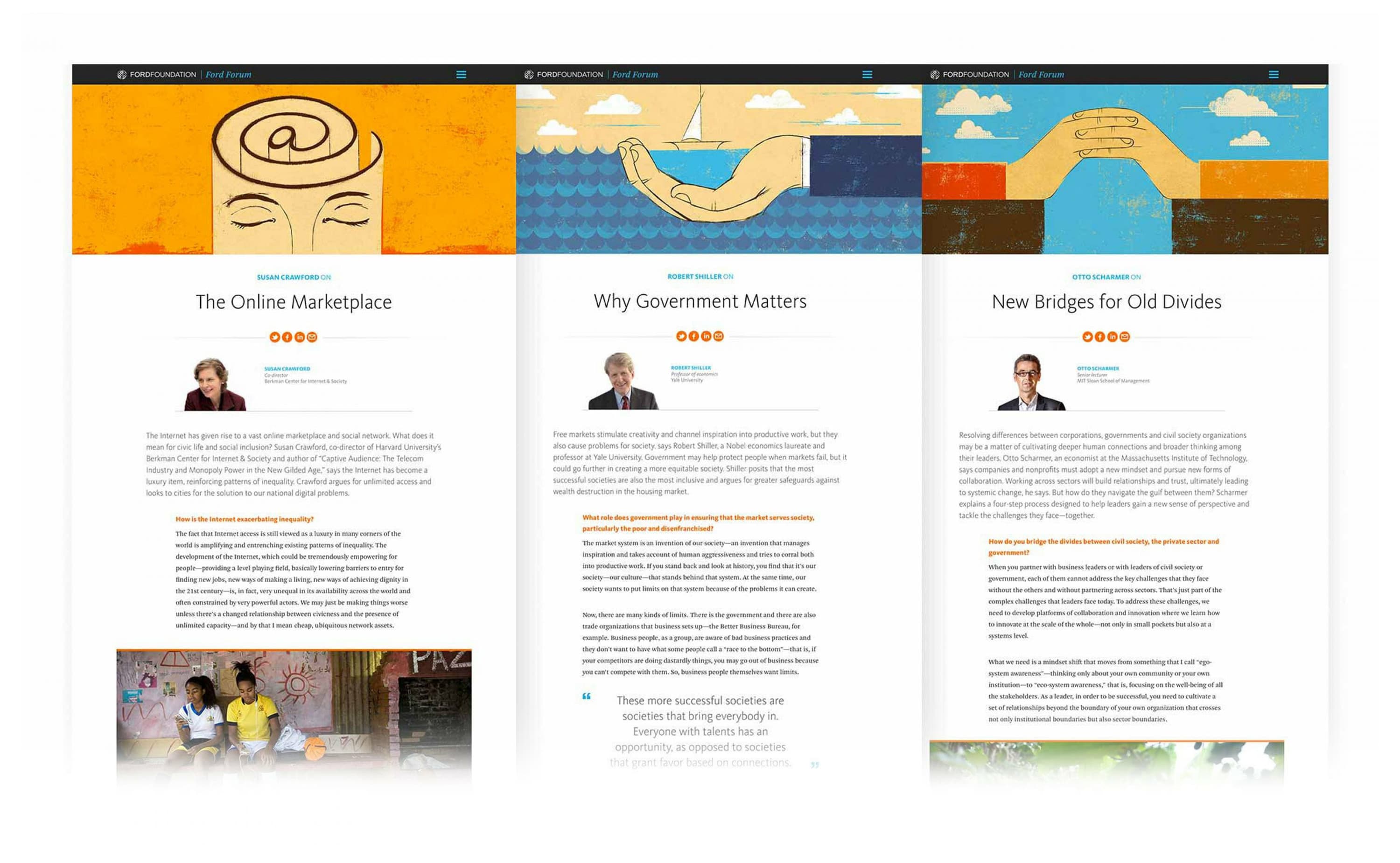 A three-panel web page display featuring articles titled "The Online Marketplace," "Why Government Matters," and "New Bridges for Old Divides." Each panel includes an illustration, a brief description, and a small portrait of the respective author beneath the title.