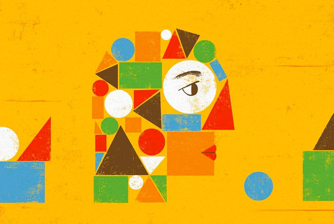 Abstract illustration depicting a human head in profile, composed of colorful geometric shapes including circles, triangles, squares, and rectangles against a yellow textured background. The shapes are arranged to form facial features like an eye, nose, and mouth.