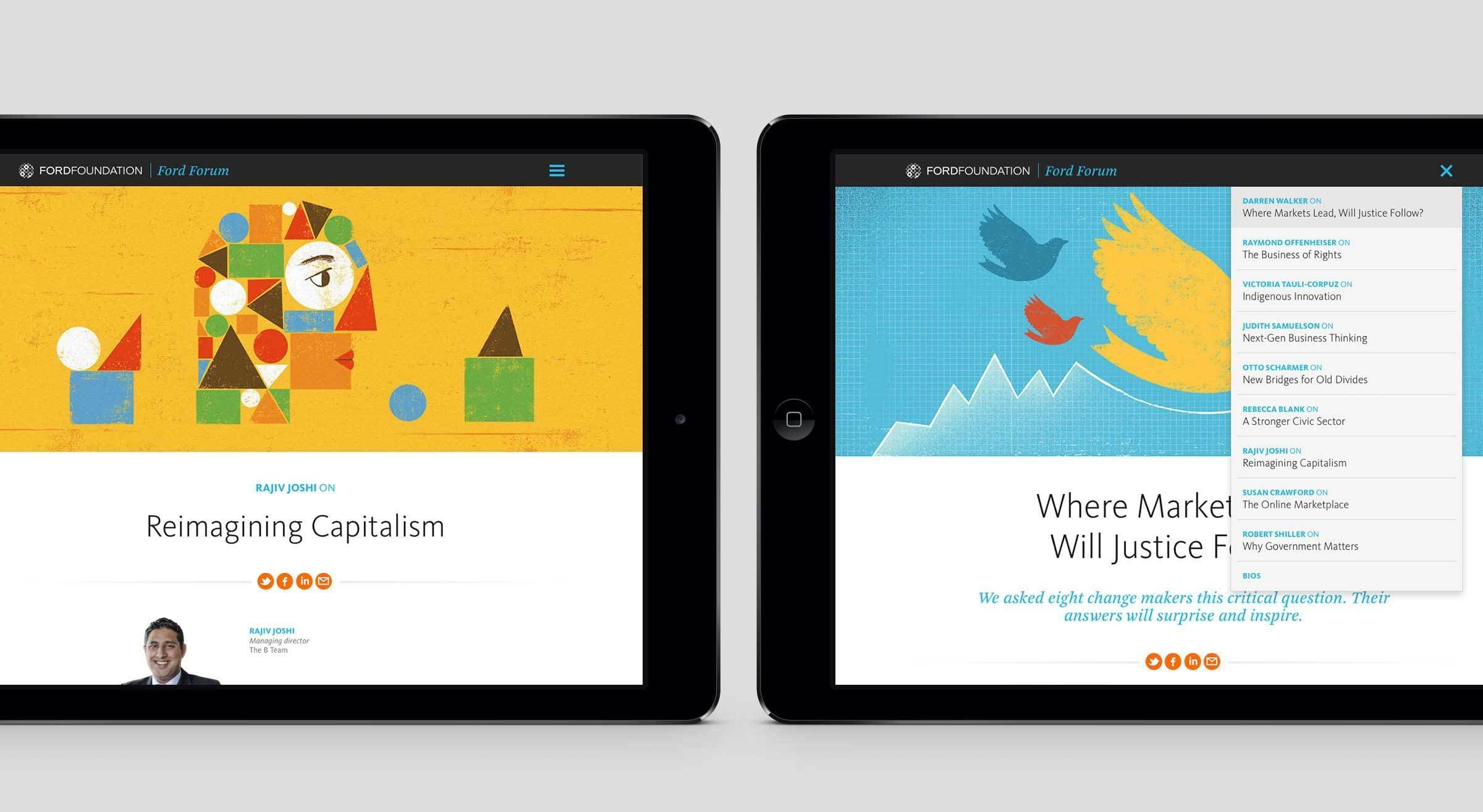 Two tablet screens display different webpages. The tablet on the left shows a page titled "Reimagining Capitalism" featuring abstract geometric shapes. The tablet on the right shows a page titled "Where Markets Will Justice" with a stylized bird and social media icons.