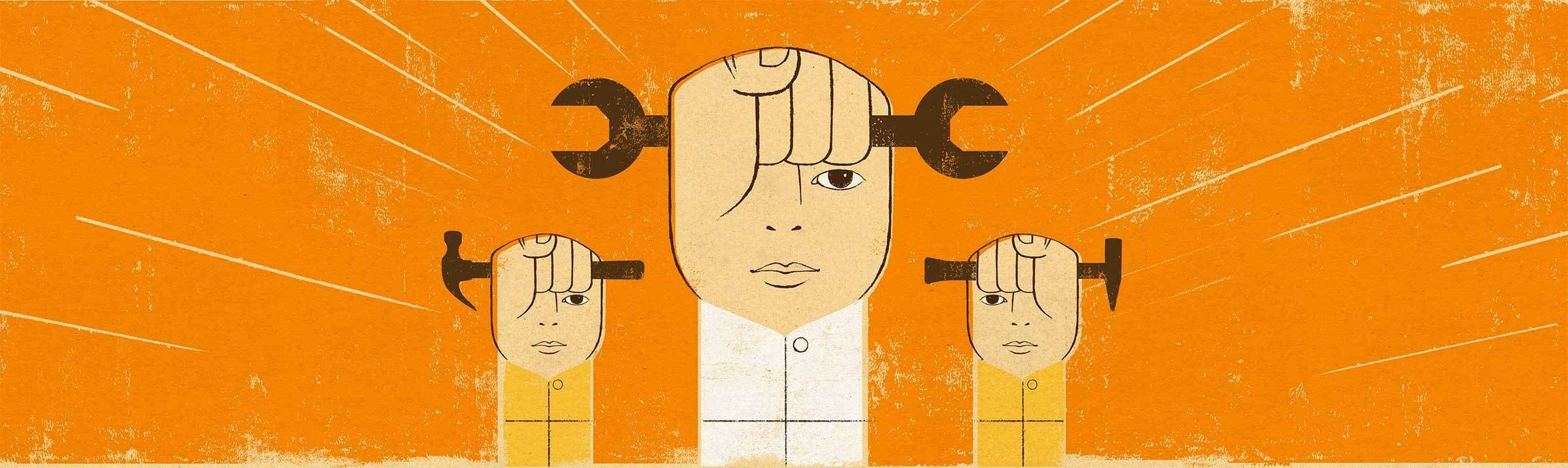 Illustration of three abstract human figures with oversized hands and tools integrated into their heads. The background is orange with white rays radiating from the central figure, suggesting ideas or creativity. The central figure's tool is a wrench; the other two hold different tools.