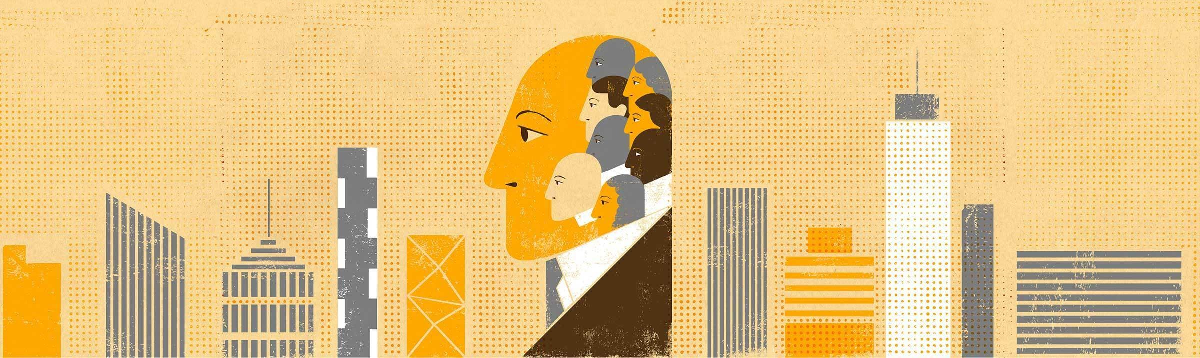 Illustration of a man's profile with his head open to reveal multiple smaller faces inside, symbolizing different aspects or voices of the mind. The background shows a stylized cityscape with high-rise buildings in a muted yellow and orange palette.