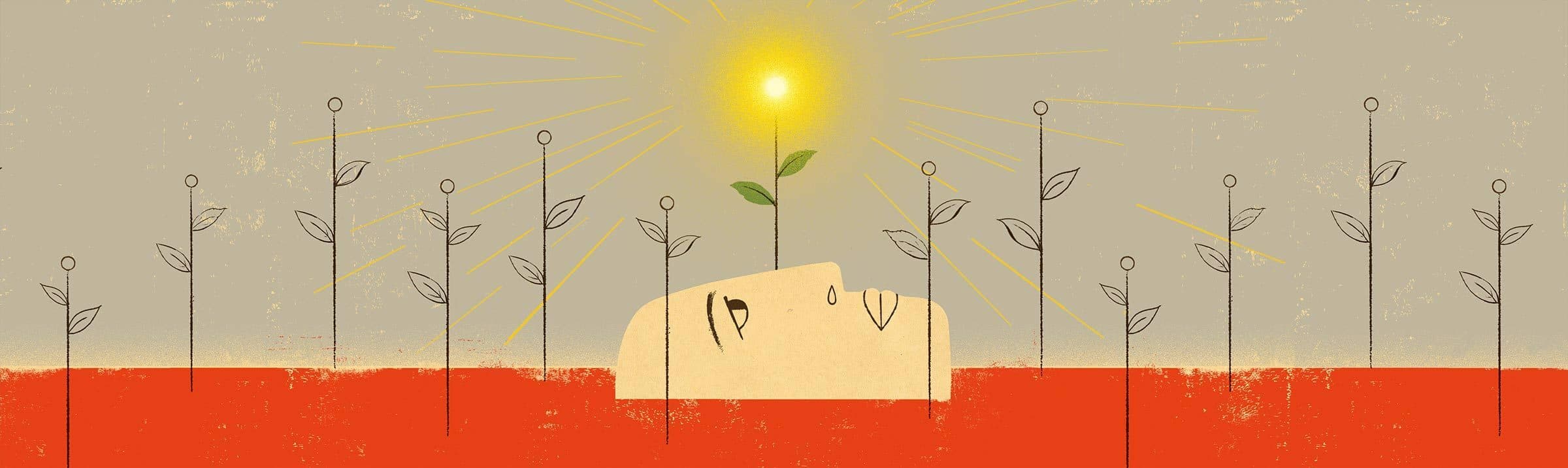 Illustration of a stylized human head with a small plant growing from the top, surrounded by several similar plants against a muted background. One plant has a glowing light at the top, emitting rays. The bottom part is in red, contrasting with the grey upper half.