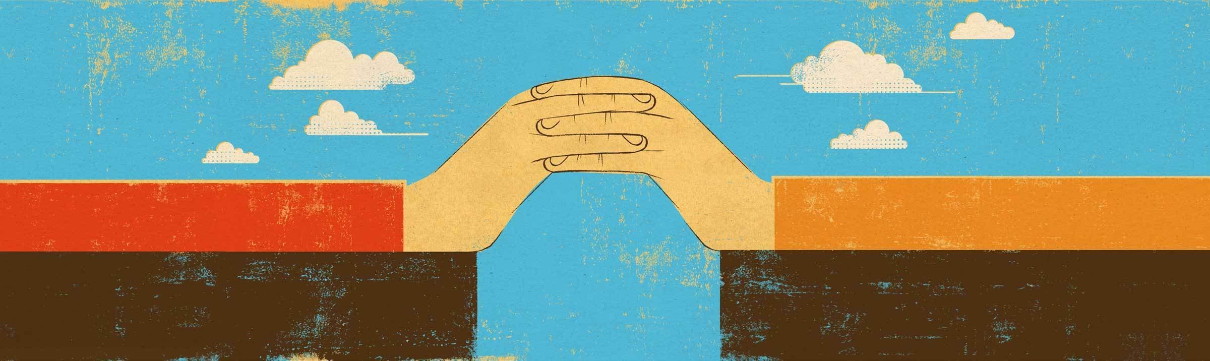 Illustration of two hands reaching towards each other from opposite sides, fingers interlocked in a handshake above a gap. The background features a blue sky with clouds and each side is colored in contrasting warm tones. The texture is distressed and grainy.