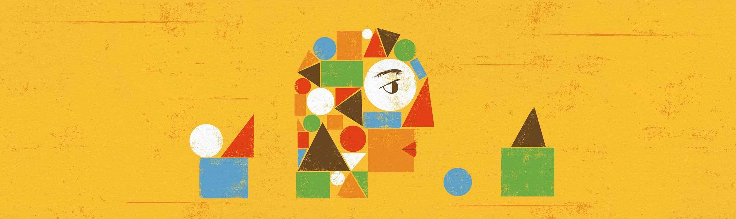 Abstract artwork featuring a minimalist representation of a human face composed of various geometric shapes including triangles, circles, and rectangles. The primary colors used are red, blue, green, and orange, set against a textured mustard yellow background.