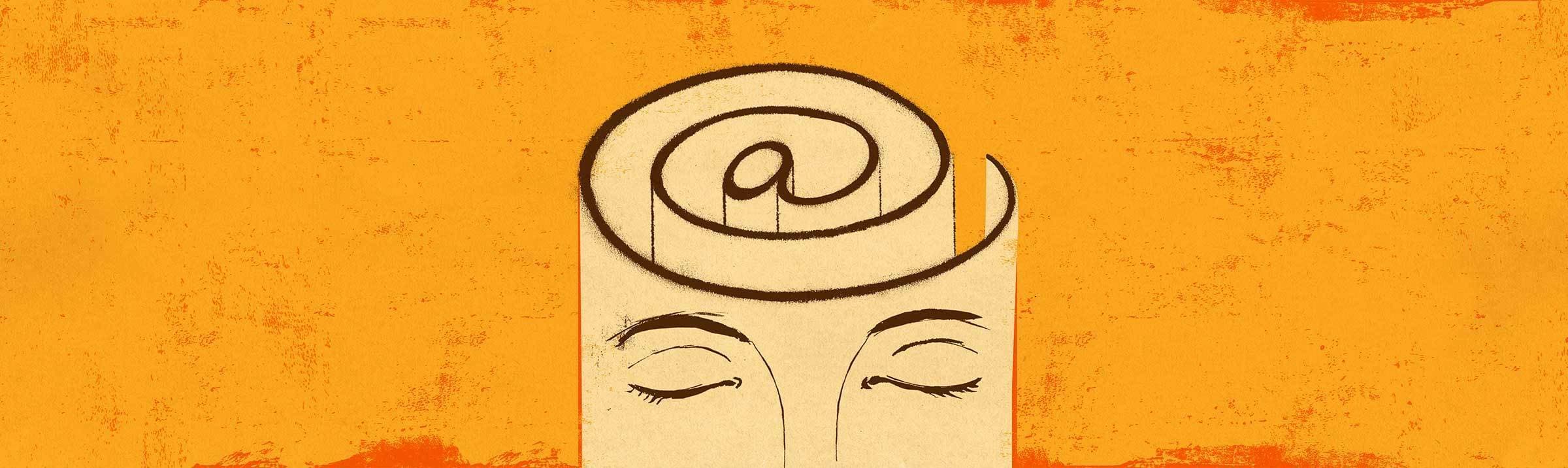 An illustration of a face with closed eyes, its forehead forming the shape of an @ symbol that spirals upwards. The background is a textured orange. The image seems to blend elements of human features and abstract design.