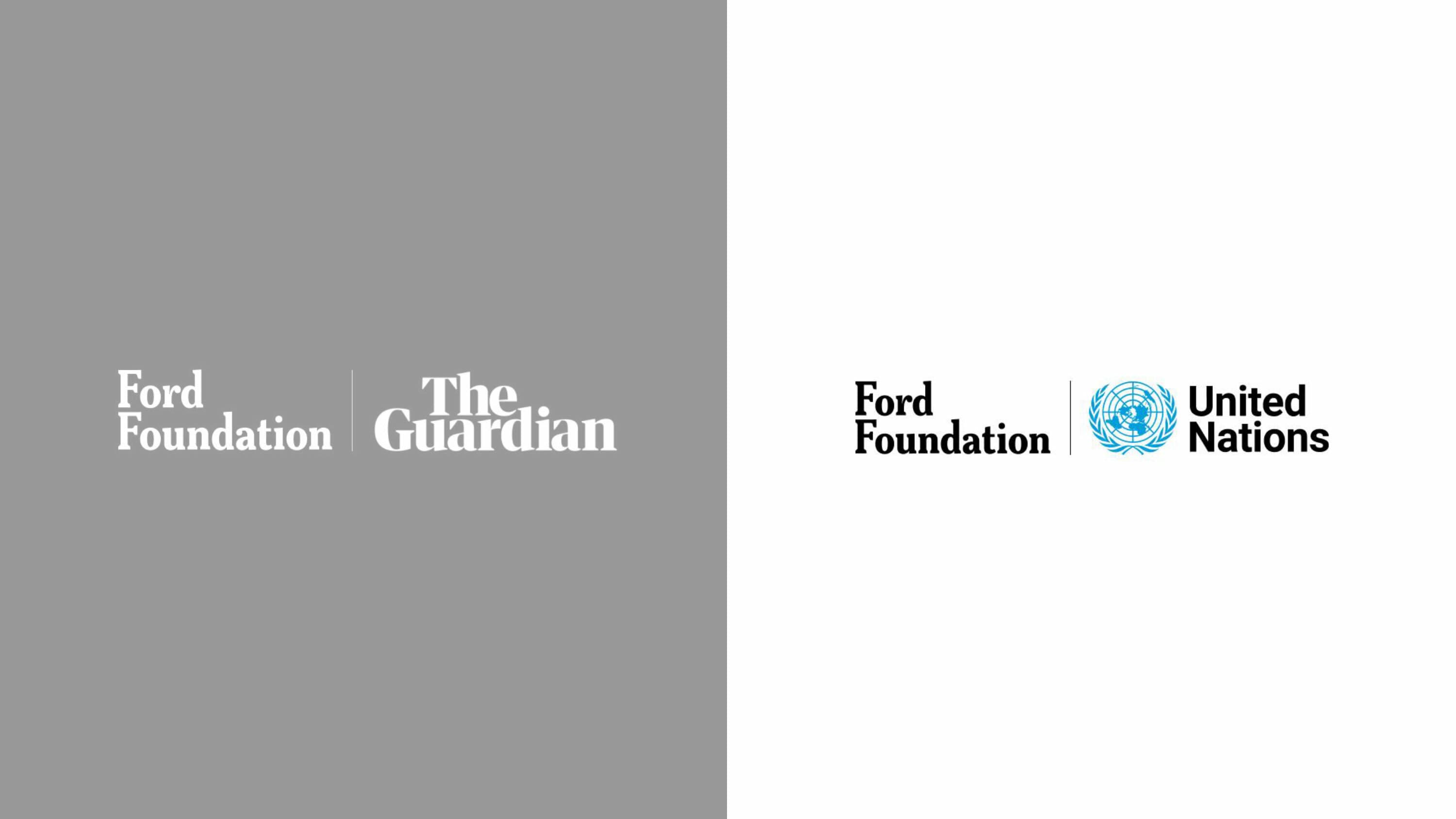 Split image with two logo combinations. Left side on a gray background: "Ford Foundation" and "The Guardian." Right side on a white background: "Ford Foundation" and "United Nations" with the UN emblem.