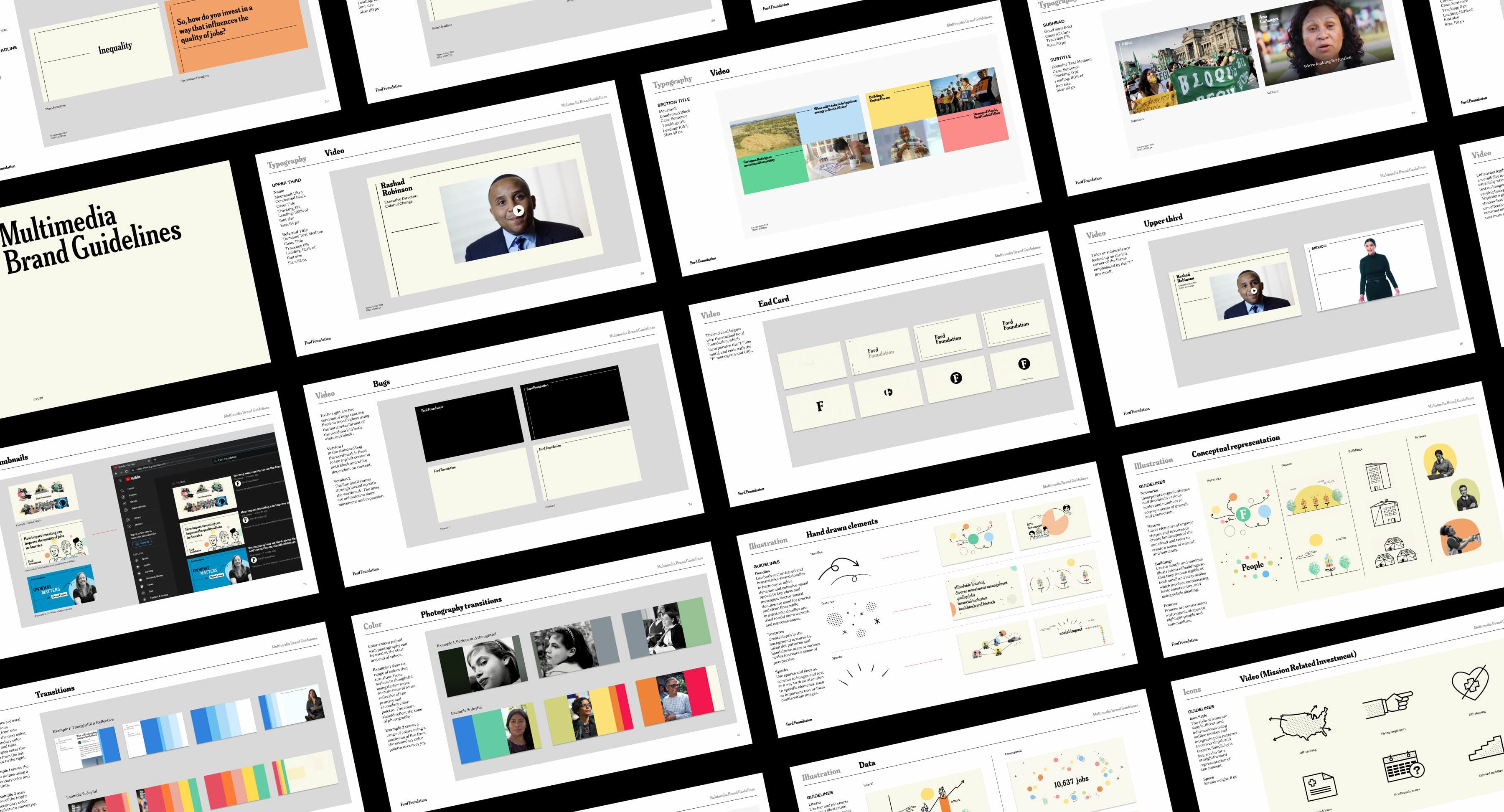 Image showing a grid of slides from multimedia brand guidelines. Slides include sections on typography, color palettes, image usage, mockups, video layouts, and iconography. Various examples and diagrams are displayed throughout the slides.