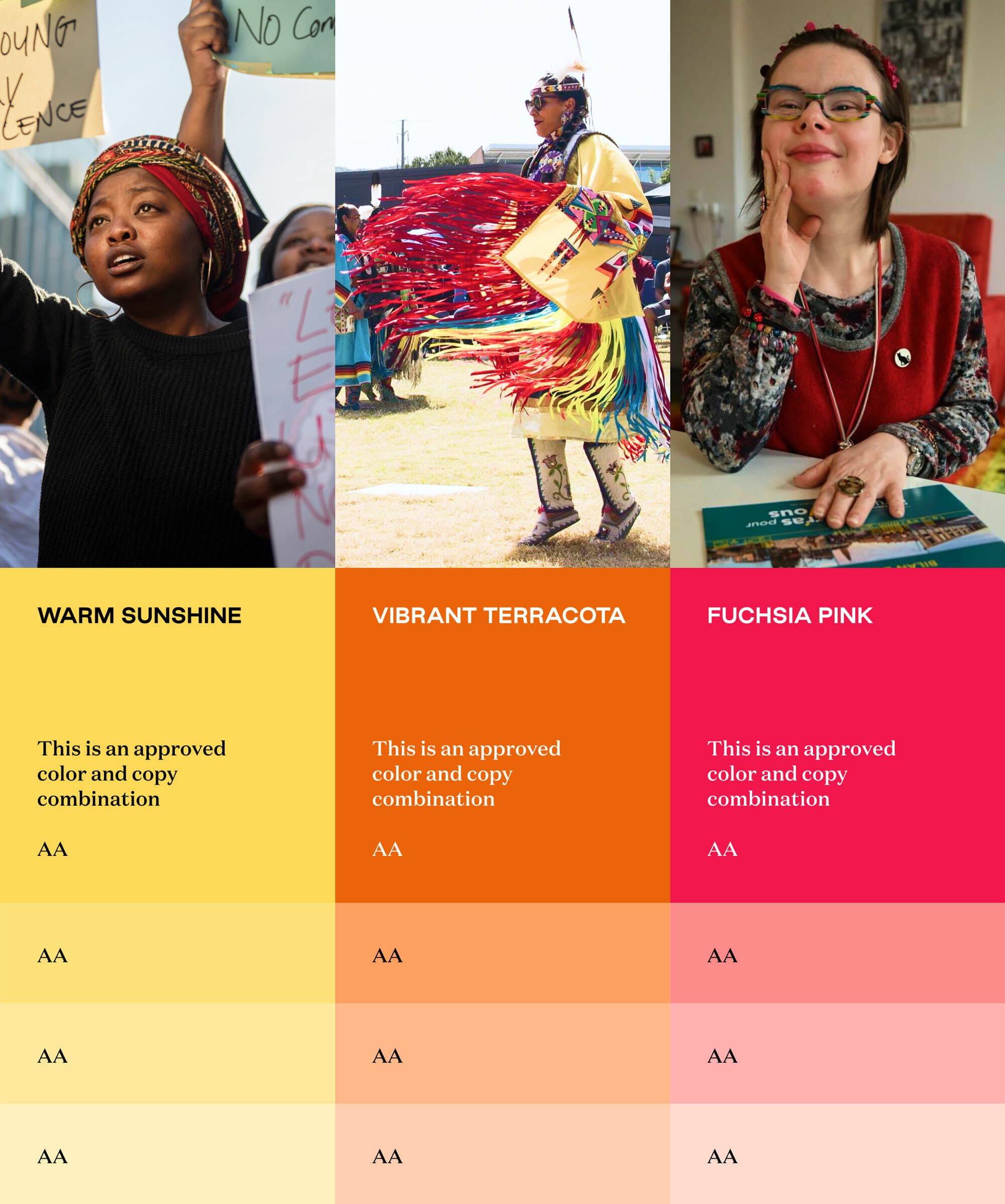 Three columns with diverse individuals. First column features "WARM SUNSHINE", second has "VIBRANT TERRACOTA", and third shows "FUCHSIA PINK". Each person appears engaged in different activities. The text below each color states, "This is an approved color and copy combination".