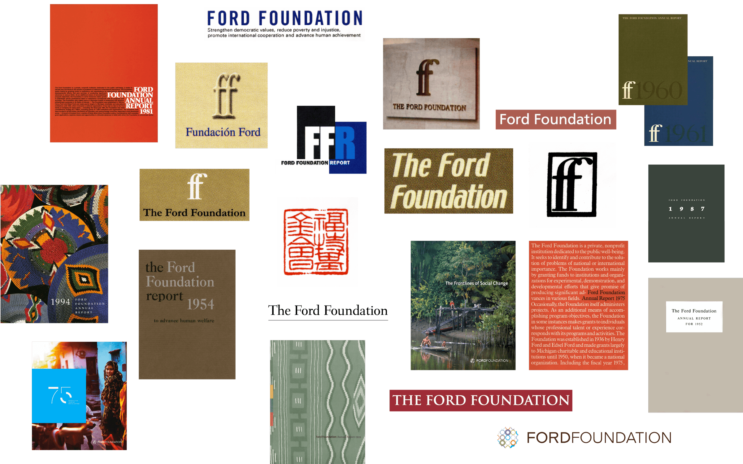 A collage of various Ford Foundation logos, reports, and publications in different styles and colors, highlighting the evolution of the organization's branding over the years. Logos and typefaces range from modern to vintage.