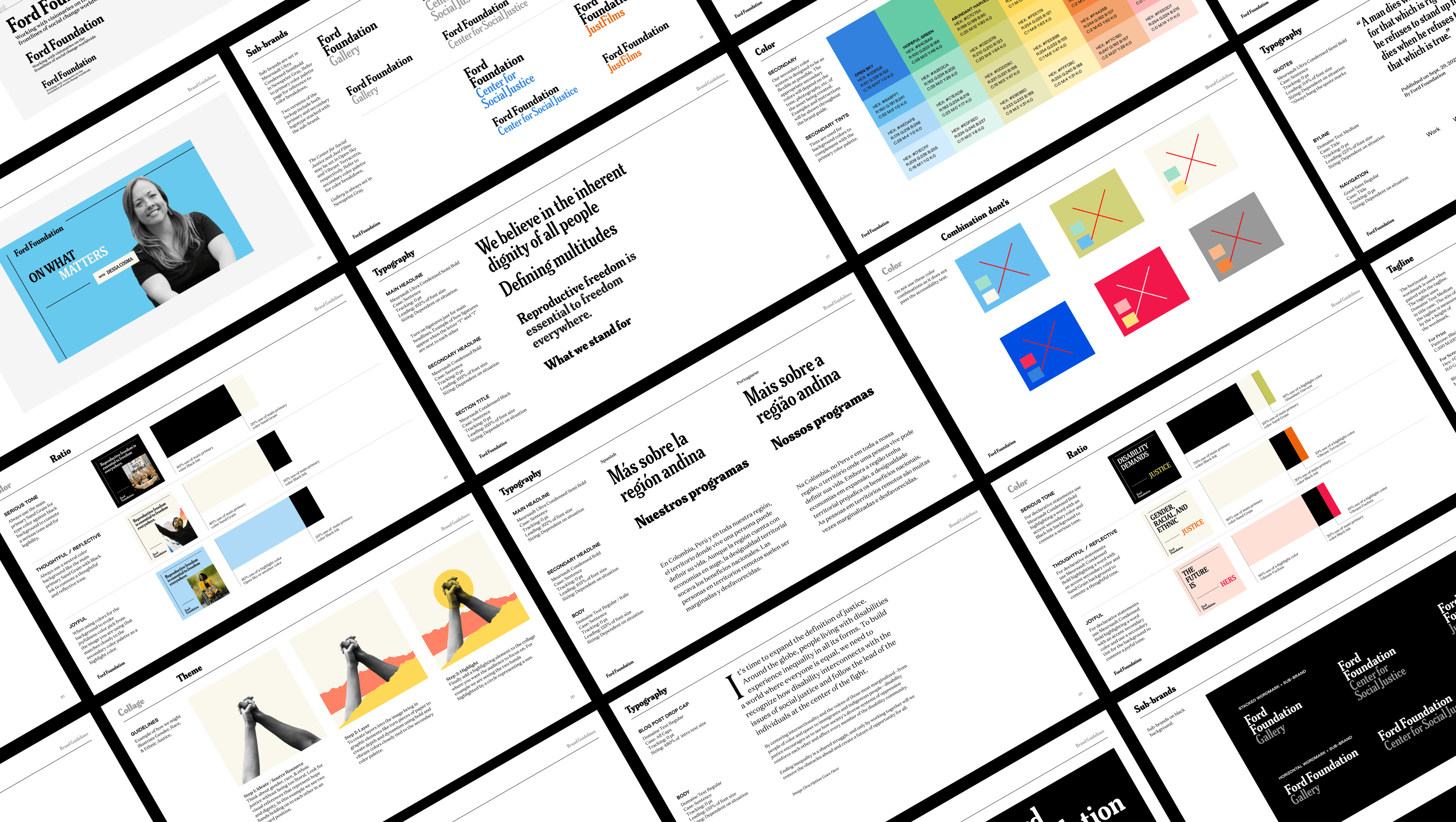 A mosaic of slides showcasing various design concepts, guidelines, and principles. Each slide contains text, images, color schemes, and graphic elements, reflecting diverse aspects of branding, typography, and layout design.