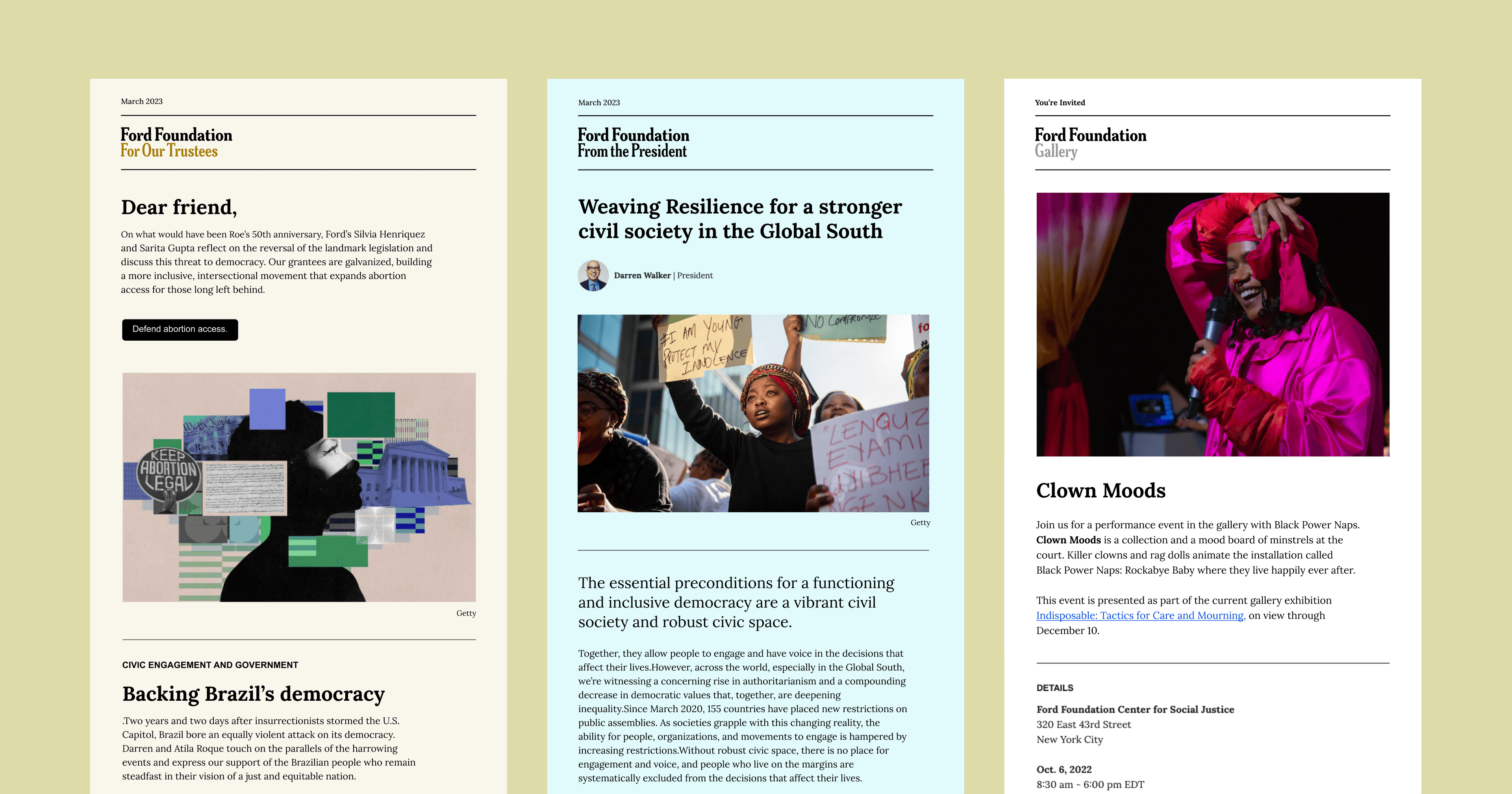 A collage of three sections from the Ford Foundation website. The left section contains a letter, the middle section highlights a civil society initiative in the Global South, and the right section advertises a performance titled "Clown Moods" by Black Power Naps.