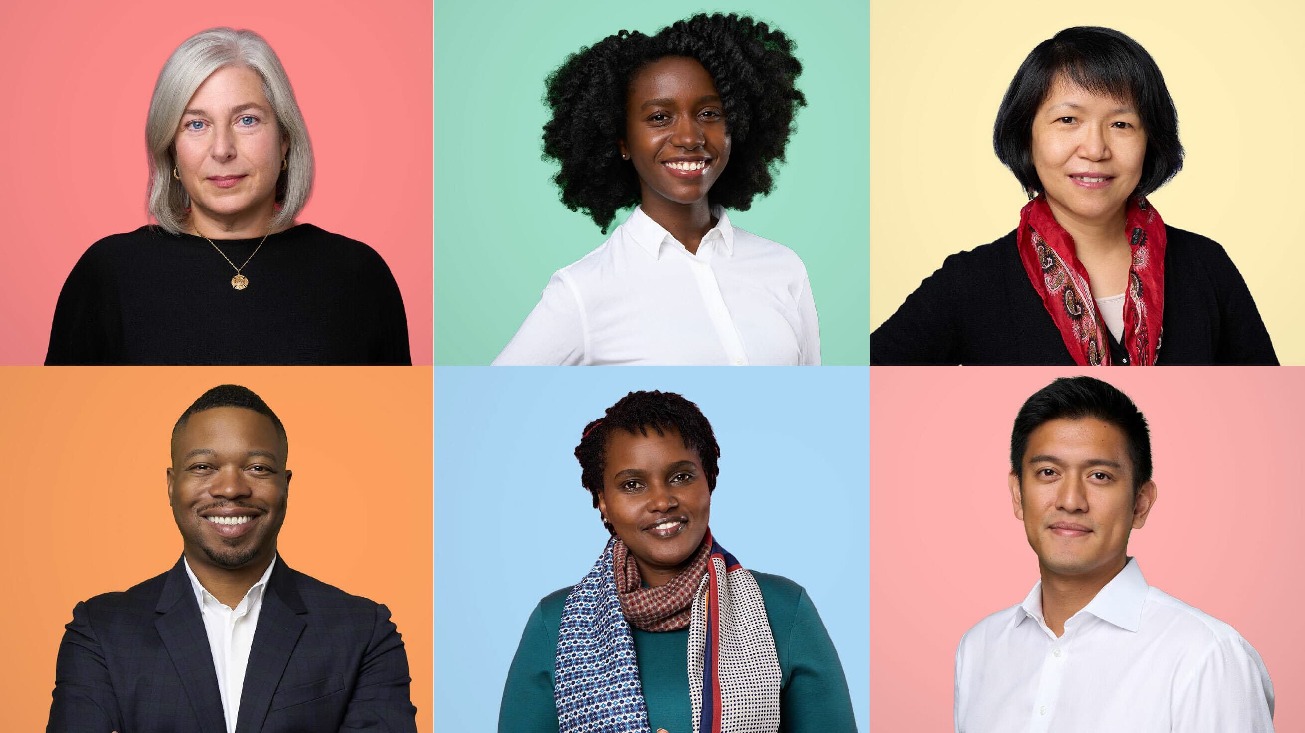 A grid of six diverse professionals is shown against different colored backgrounds. Top row: blond woman (coral), Black woman with curly hair (green), and Asian woman with a scarf (yellow). Bottom row: Black man in a suit (orange), person with locs and scarf (blue), and Asian man in a white shirt (cream).
