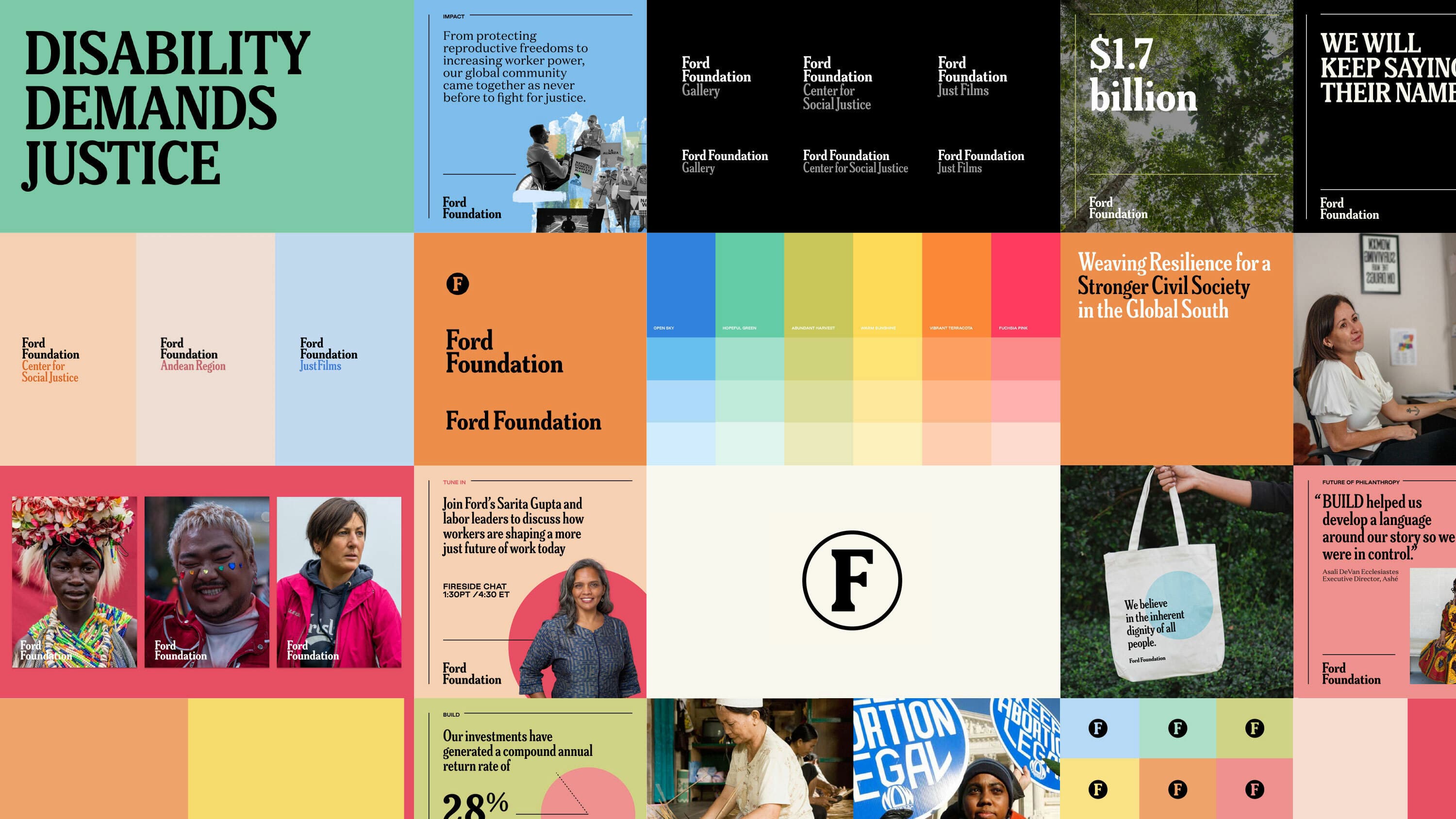 A colorful collage featuring graphics and photos related to the Ford Foundation. Text elements include phrases like "Disability Demands Justice," "We Will Keep Saying Their Name," and "Weaving Resilience for a Stronger Civil Society in the Global South.
