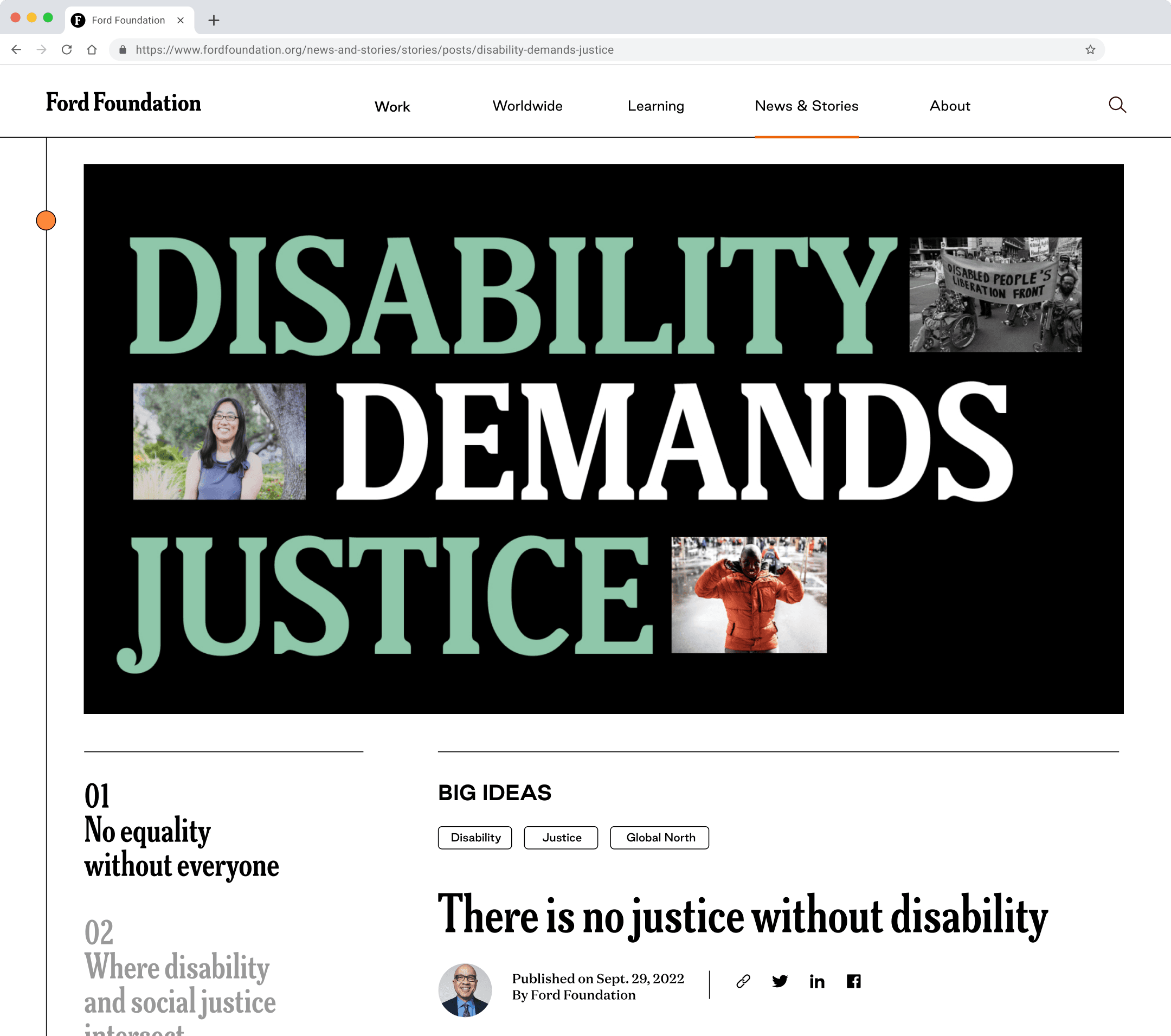 Screenshot of a webpage from the Ford Foundation. The title reads "Disability Demands Justice" with four images above the headline. Below, the subheading "There is no justice without disability" is followed by publication details and social media icons.
