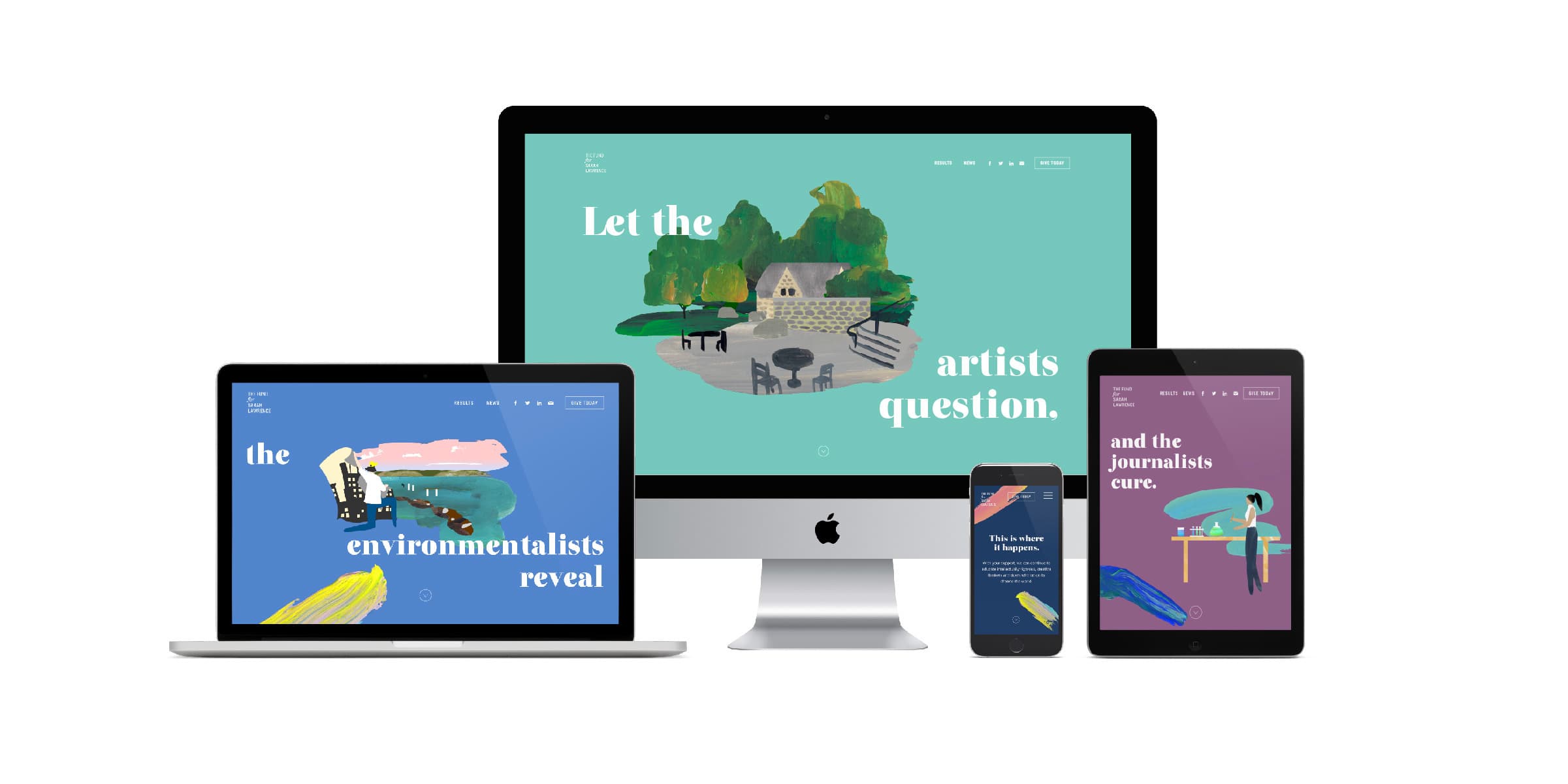 A responsive website design displayed on various devices: a desktop monitor, laptop, tablet, and smartphone. The screens show artistic illustrations with varying phrases, including "Let the artists question," "the environmentalists reveal," and "and the journalists cure.