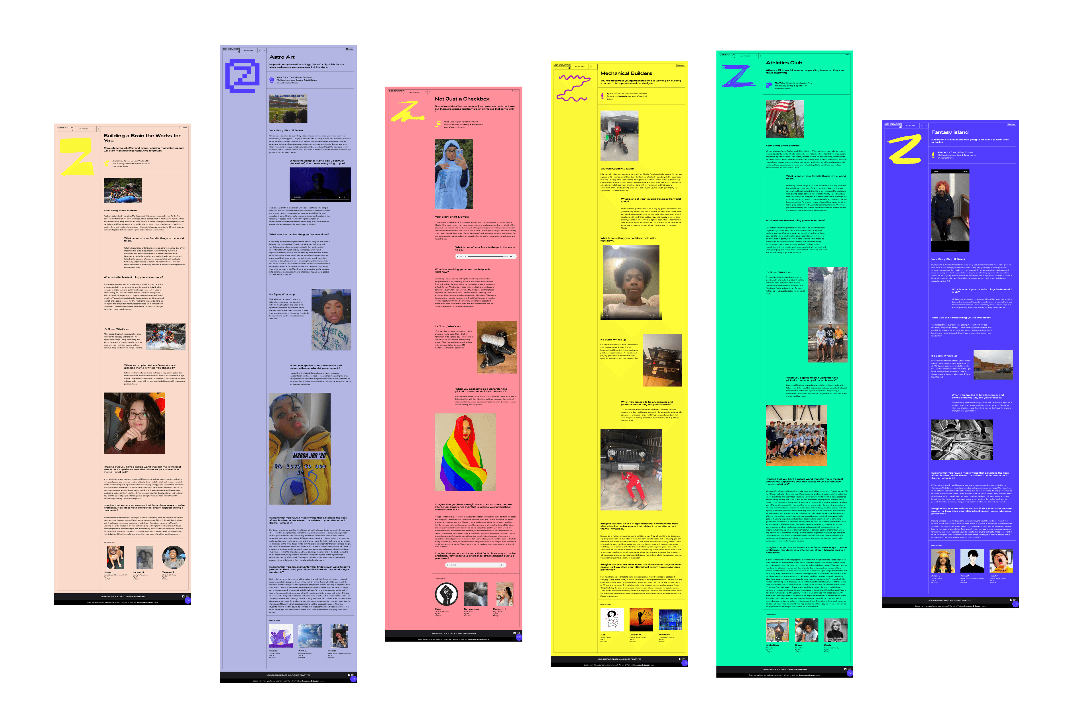 An image displaying six vertically arranged web pages with diverse color backgrounds: peach, blue, red, yellow, green, and teal. Each webpage features various text blocks, images of people, and other multimedia elements, indicating different articles or content sections.