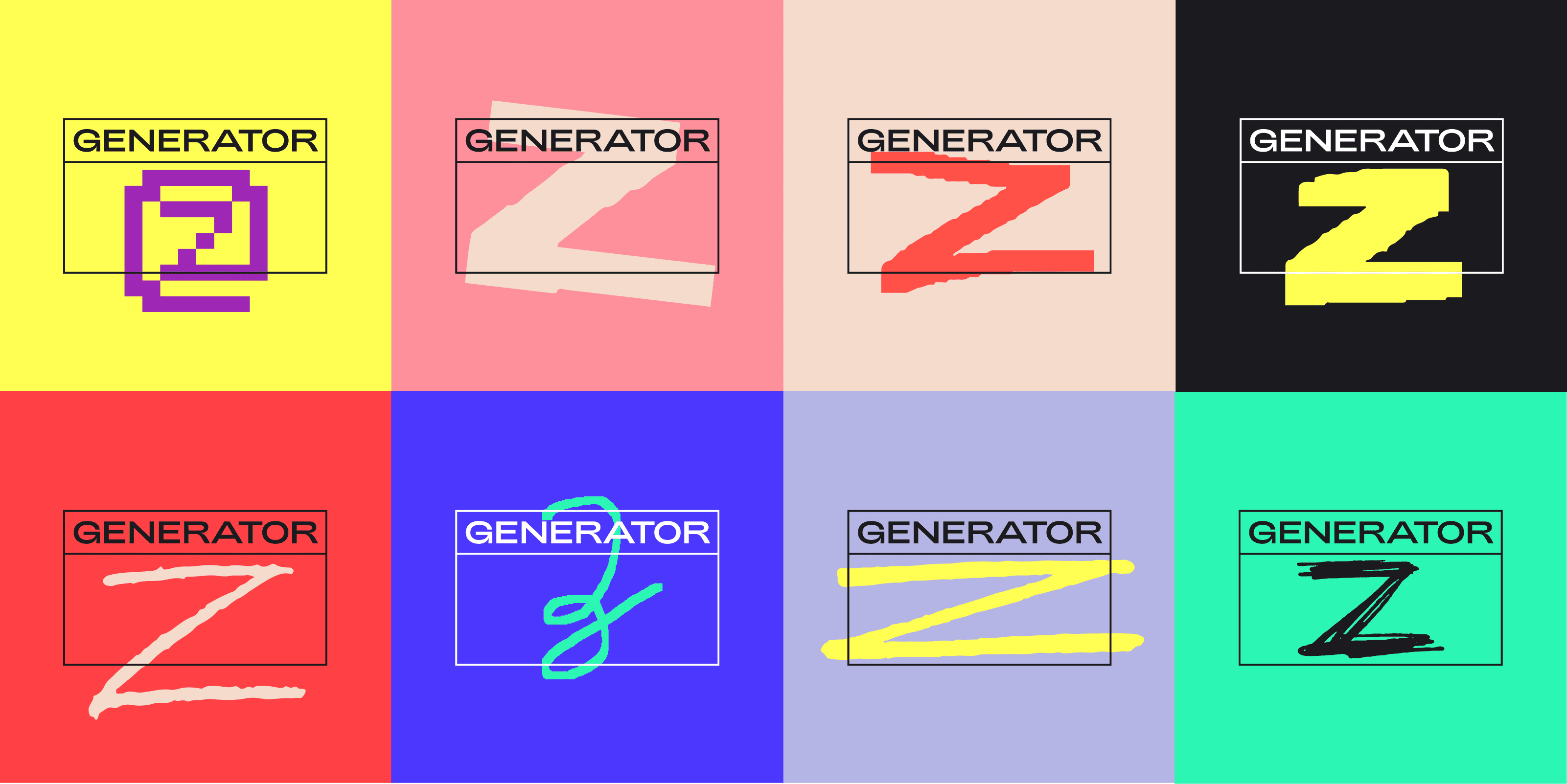 A grid of eight colorful squares, each with a unique variation of the word "GENERATOR" inside a rectangular frame. Each square's background and design style differs, featuring different colors and artistic representations of the letter "Z".