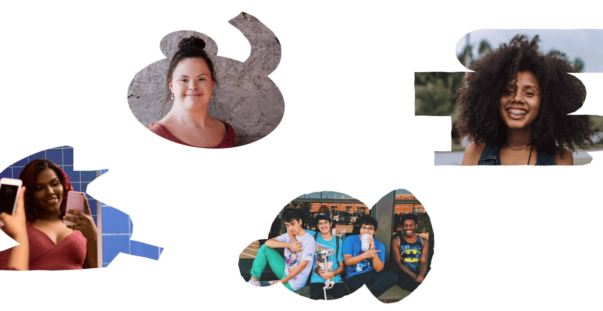 A collage of four images. Top left image: A woman with Down syndrome smiles against a gray background. Top right image: A woman with curly hair smiles outdoors. Bottom left image: A woman takes a selfie in a blue restroom. Bottom center image: Five friends smile and pose together outdoors.