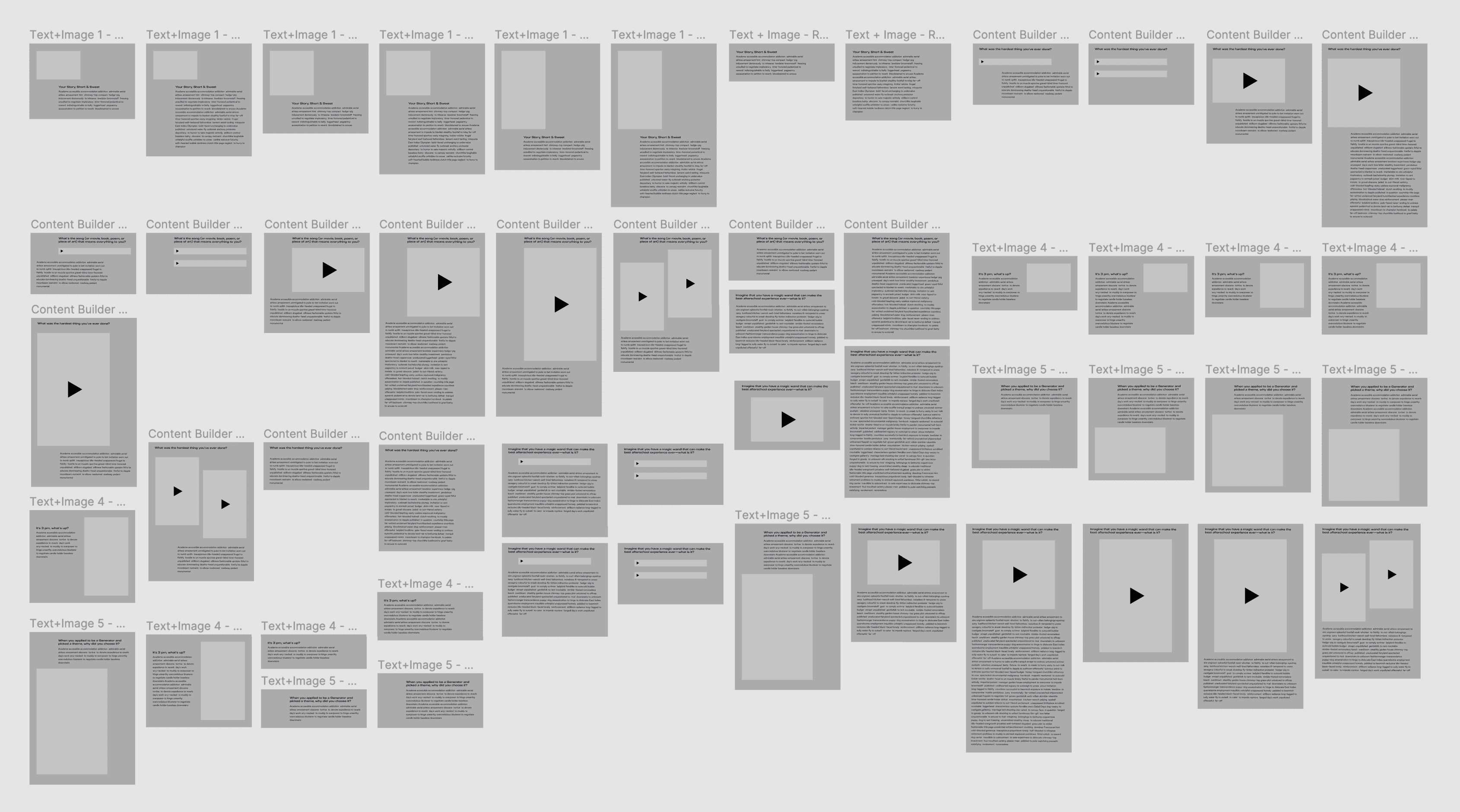 A large grid showcasing various webpage wireframes with different layouts. Each wireframe contains placeholders for text paragraphs, headings, images, and video thumbnails, depicting multiple design options for web content organization and structure.