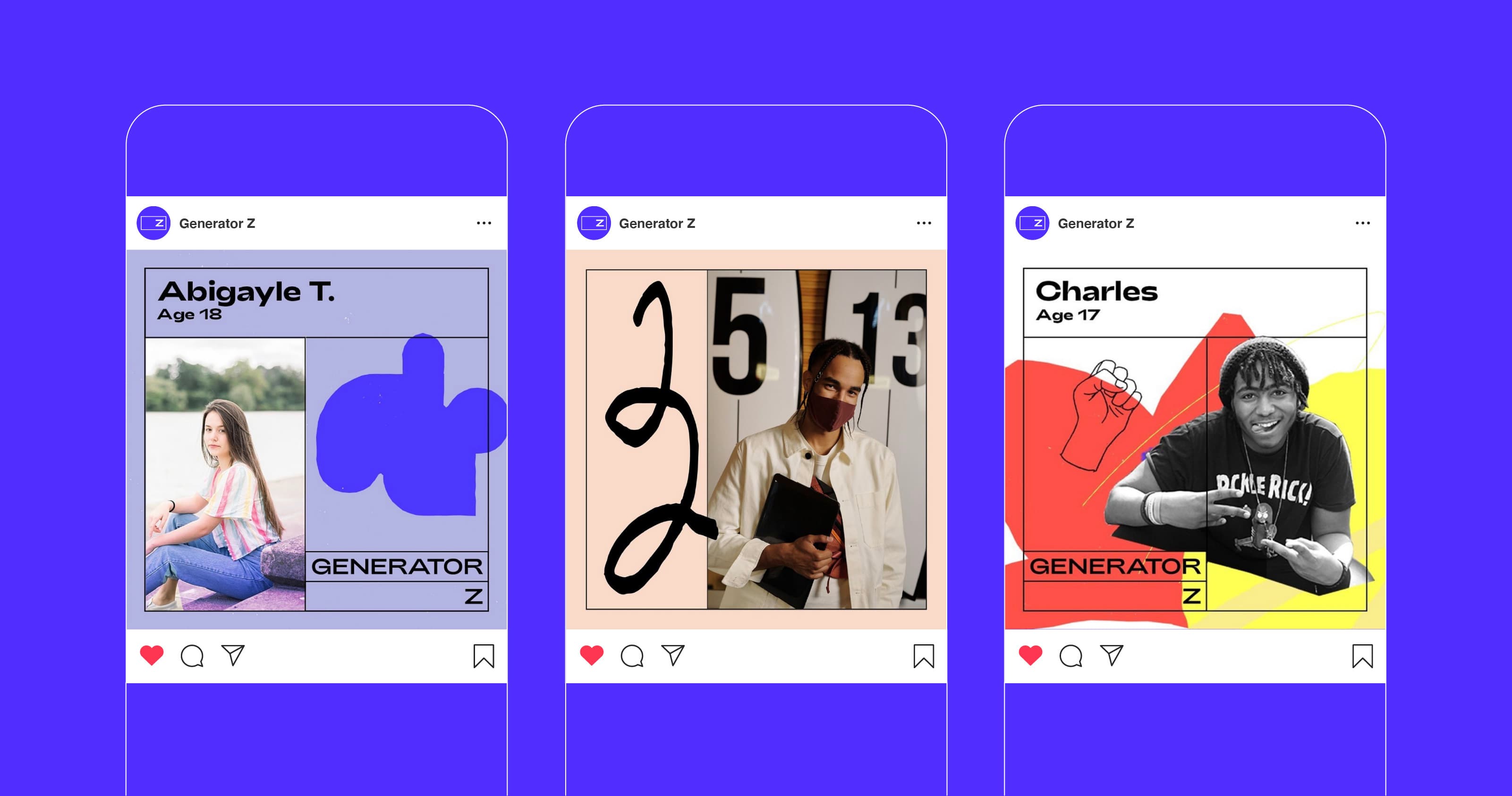 Three social media profile cards for "Generator Z." The first card features Abigayle T., age 18, sitting outdoors. The second features an individual, age 15, holding a book. The third card features Charles, age 17, smiling and pointing at the camera.