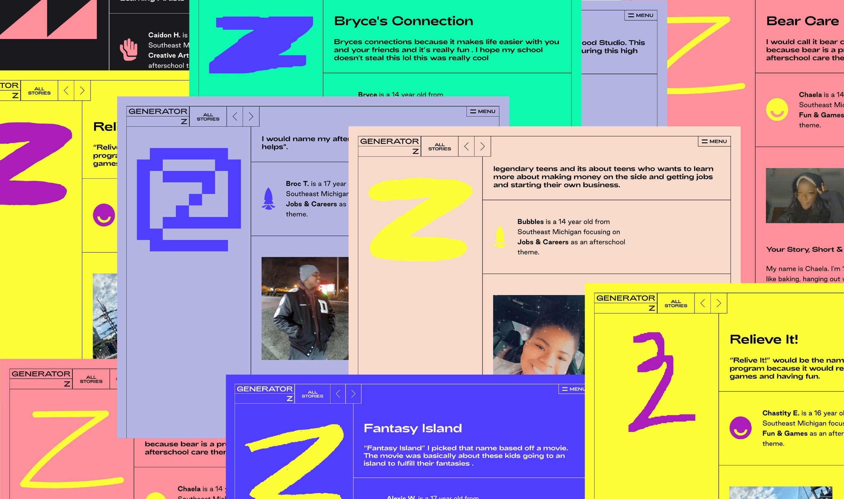 A collage of colorful cards displayed on a screen, each featuring various personalized notes, quotes, brief descriptions, and photos. Prominent "Z" logos in purple, yellow, and blue adorn the background and cards, creating a vibrant mosaic effect.