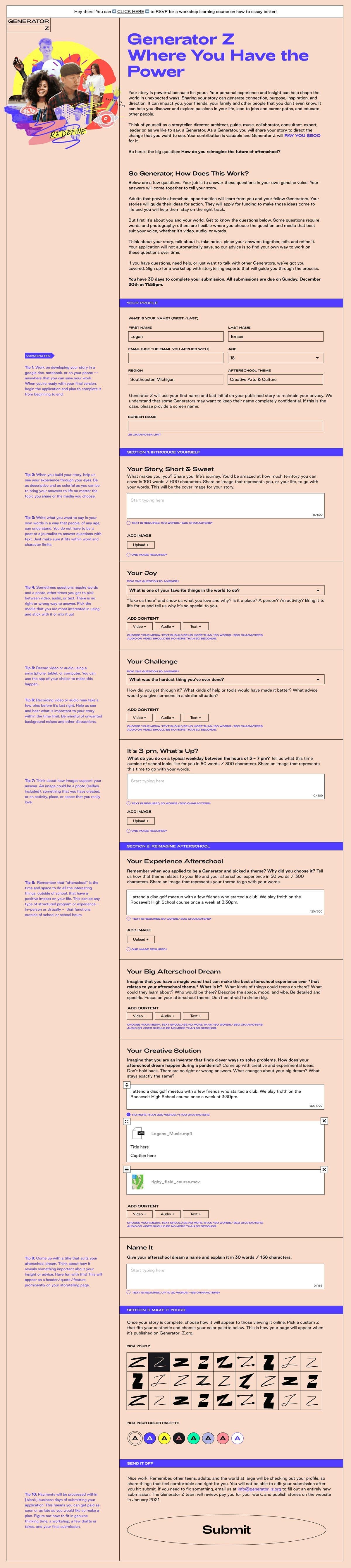 Screenshot of a page titled "Where You Have the Power," featuring a purple dragon character. The form includes fields for player preferences in SuperSoul 7, such as name, pronouns, and class choices. Several buttons and checkboxes are available to select various options.