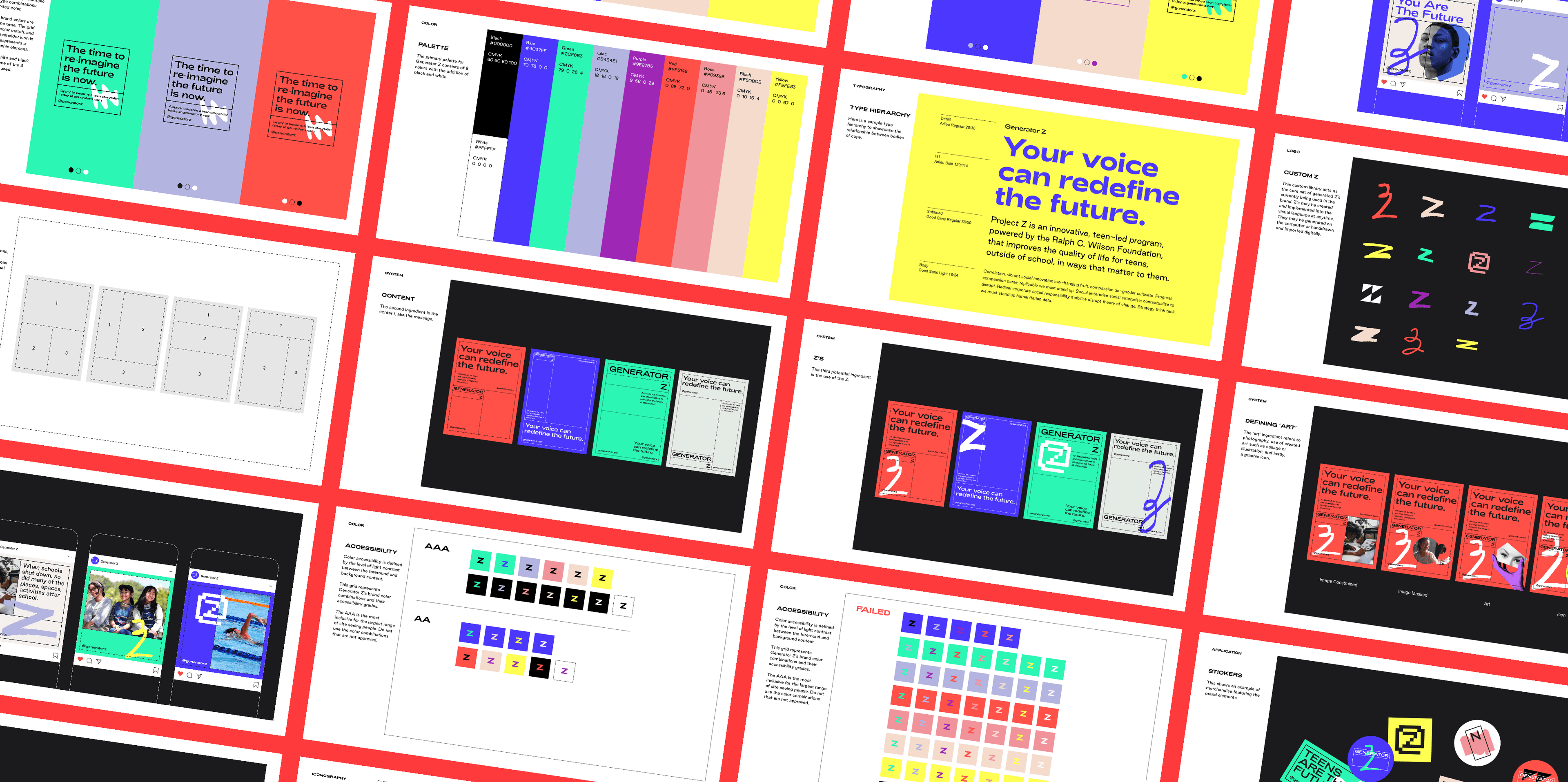 A colorful, grid-like display of various digital designs and layouts. Each section features text in different fonts and colors, images of phone screens, color swatches, and graphic elements set against vibrant backgrounds like yellow, blue, red, and green.