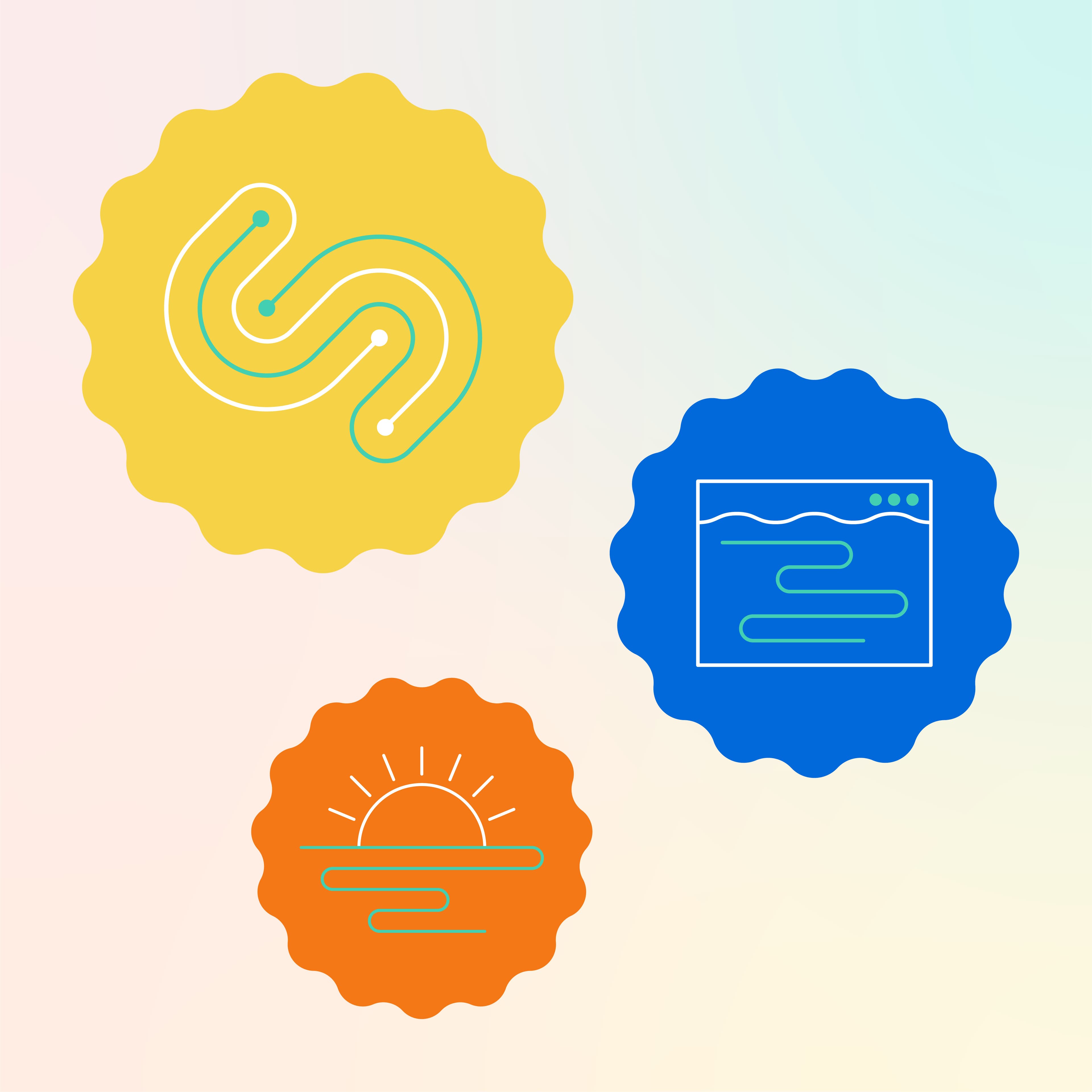 Three cloud-shaped icons are displayed on a pastel background. The yellow icon contains a circuit design, the blue icon shows a web page, and the orange icon features a sun partially set over a horizon.