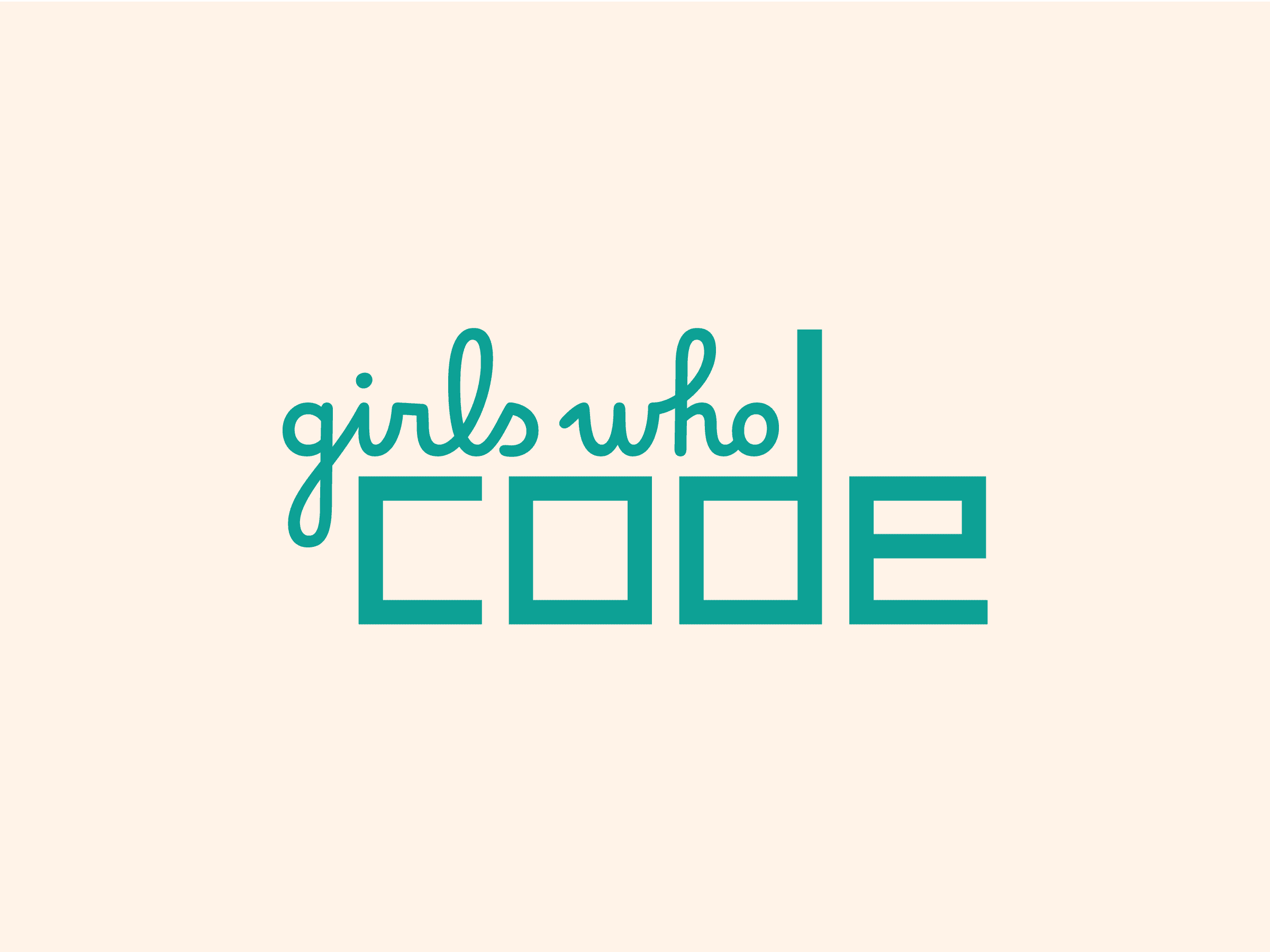 The image shows a logo with the phrase "girls who code." The text "girls who" is written in a cursive, teal-colored font, while "code" is in a bold, blocky, teal font on a light beige background.